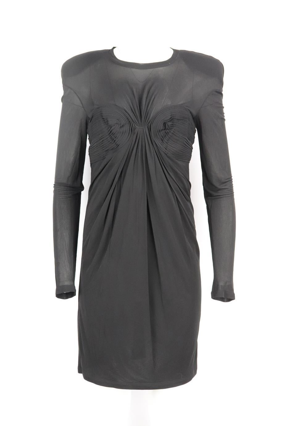 Tom Ford ruched stretch jersey mini dress. Black. Long sleeve, crewneck. Slips on. 100% Viscose; fabric2: 100% silk; body lining: 81% polyamide, 19% elastane; lining: 100% viscose. Size: IT 44 (UK 12, US 8, FR 40). Bust: 32 in. Waist: 33 in. Hips: