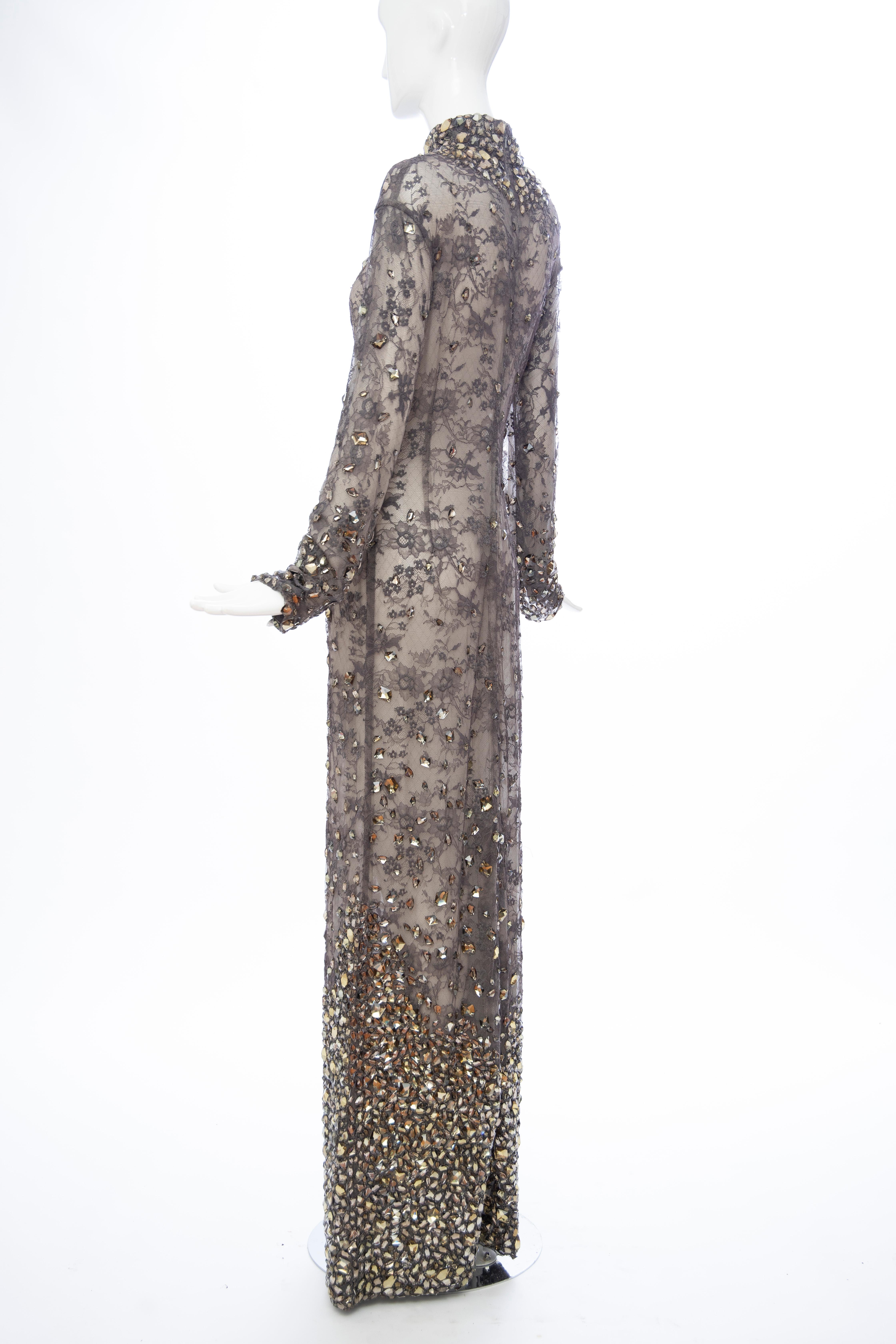 Tom Ford Runway Smokey Grey Lace Appliquéd Faceted Gems Evening Dress, Fall 2011 For Sale 2