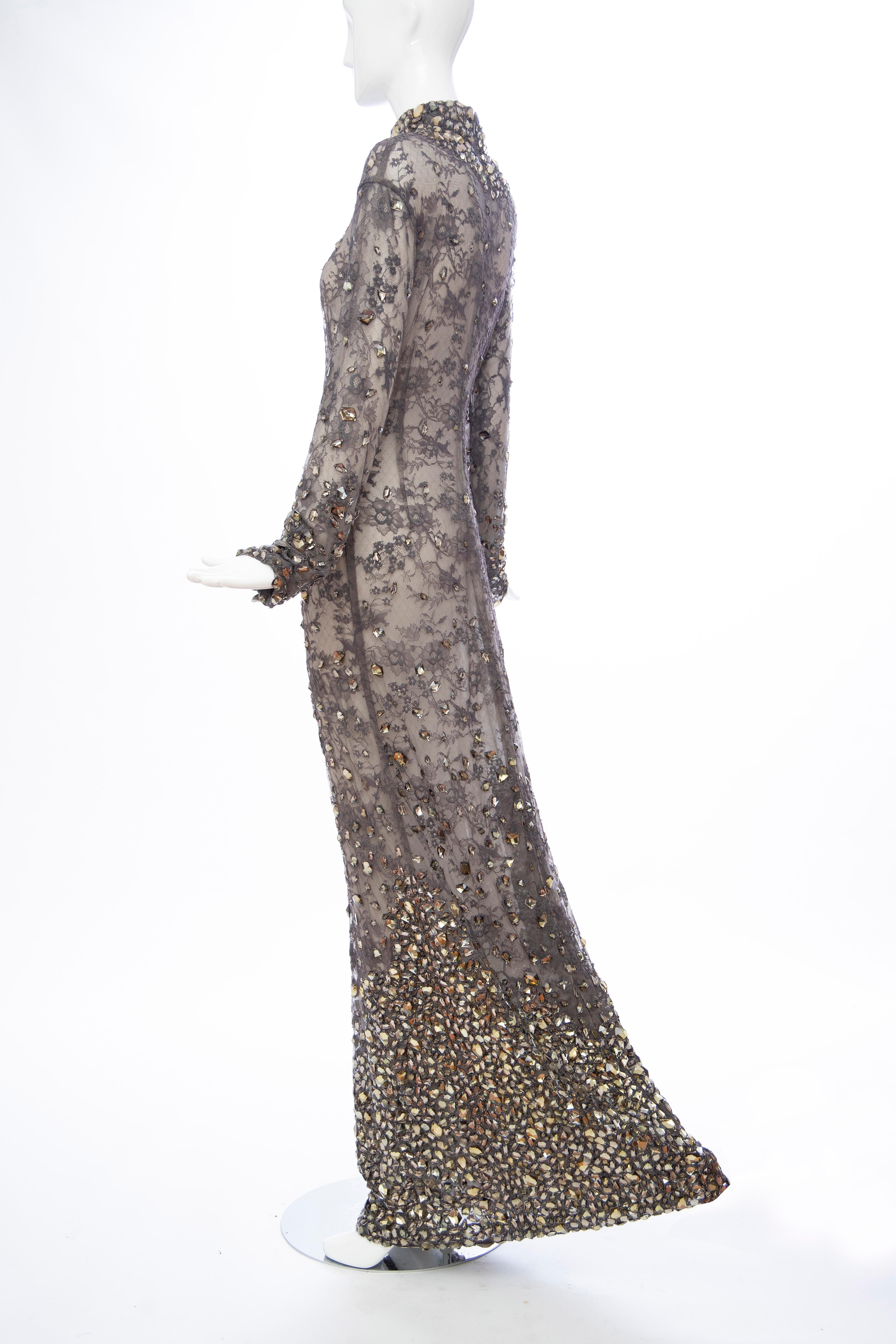 Tom Ford Runway Smokey Grey Lace Appliquéd Faceted Gems Evening Dress, Fall 2011 For Sale 5