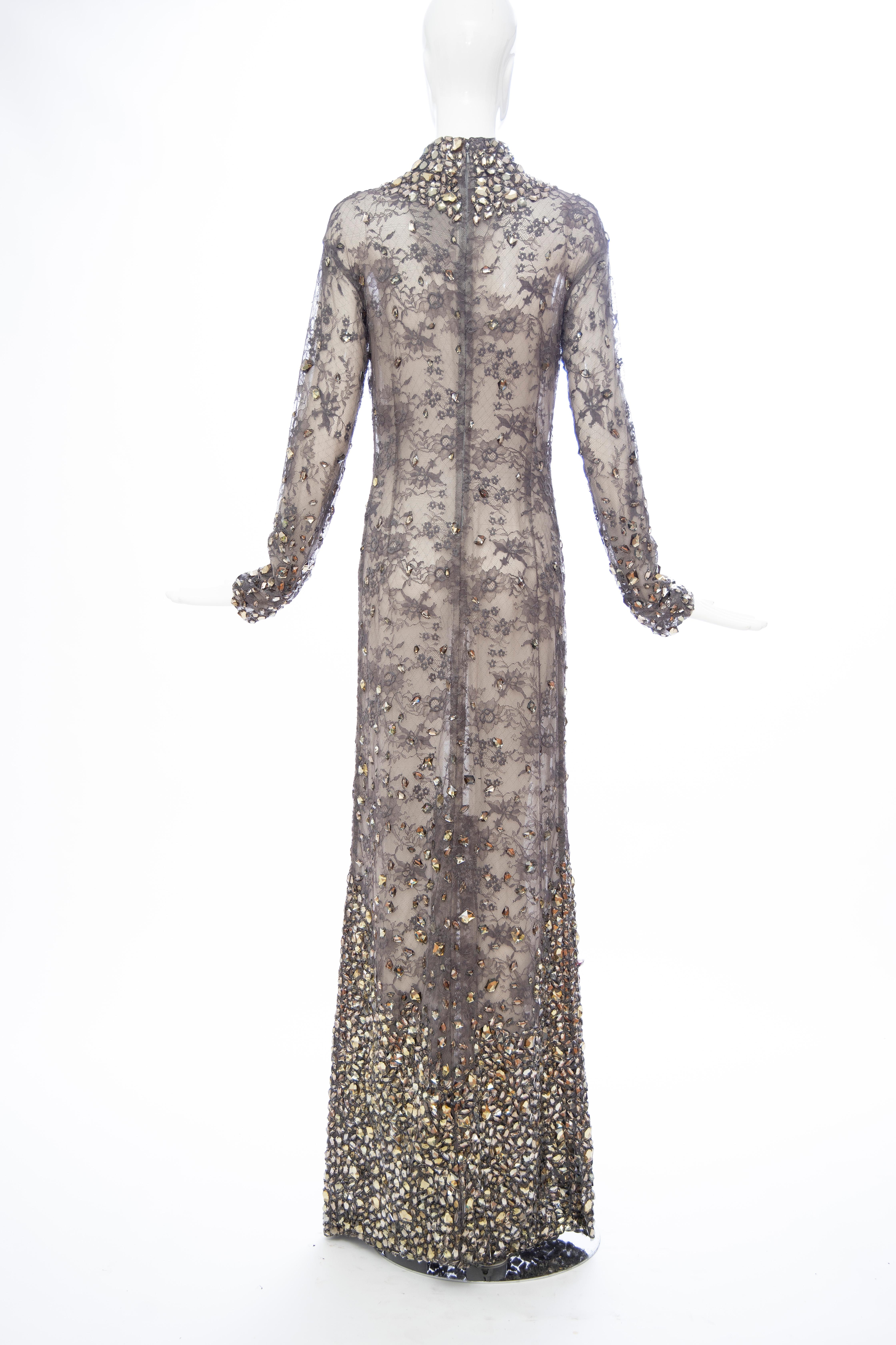 Gray Tom Ford Runway Smokey Grey Lace Appliquéd Faceted Gems Evening Dress, Fall 2011 For Sale