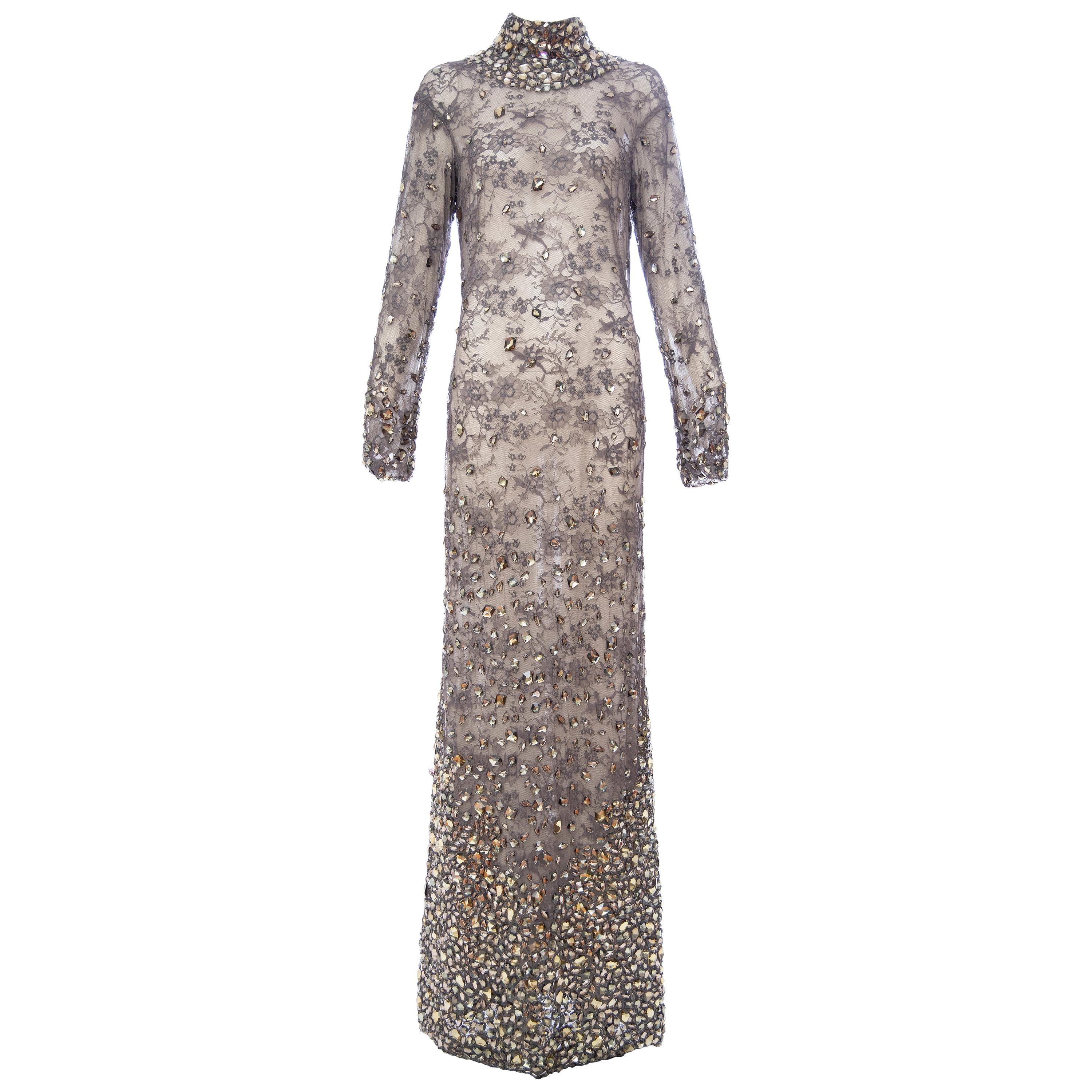 Tom Ford Runway Smokey Grey Lace Appliquéd Faceted Gems Evening Dress, Fall 2011 For Sale