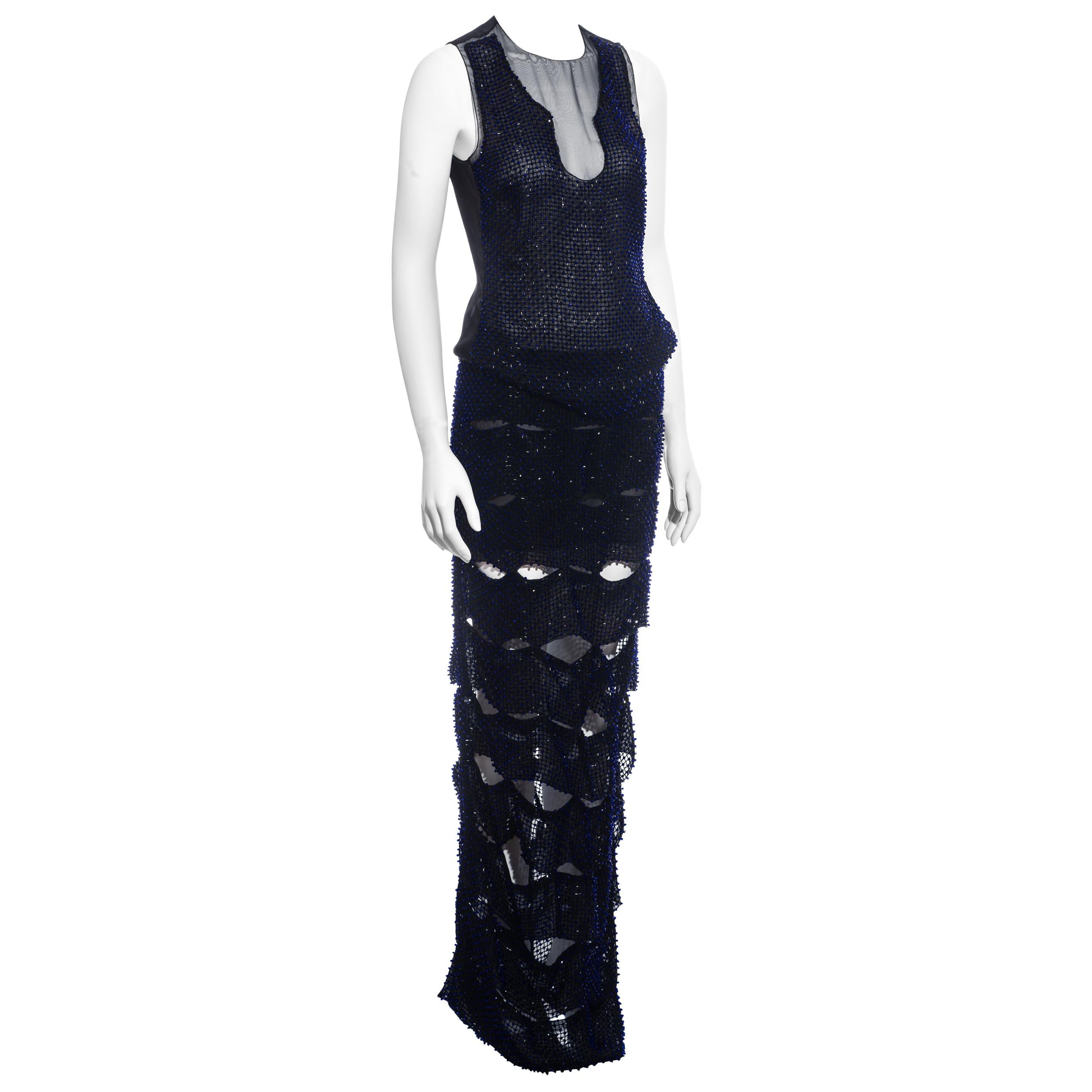 Tom Ford silk organza evening dress in a lattice of blue glass beads, ss 2013 For Sale