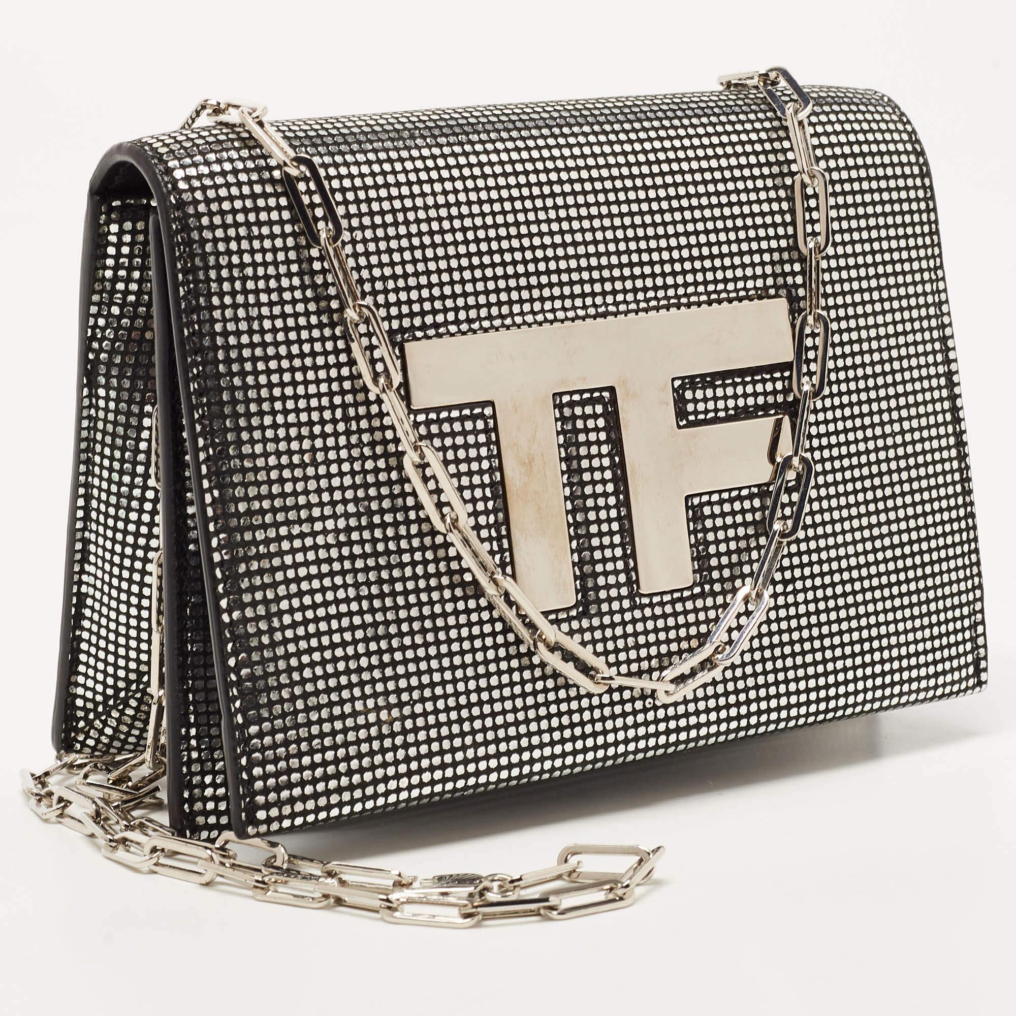 Tom Ford Silver/Black Textured Suede Icon Disco Crossbody Bag In Good Condition In Dubai, Al Qouz 2