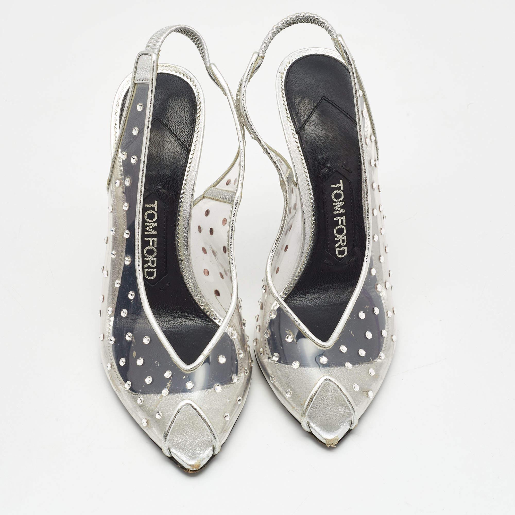 Gray Tom Ford Silver/Transparent PVC and Leather Embellished Slingback Pumps Size 36