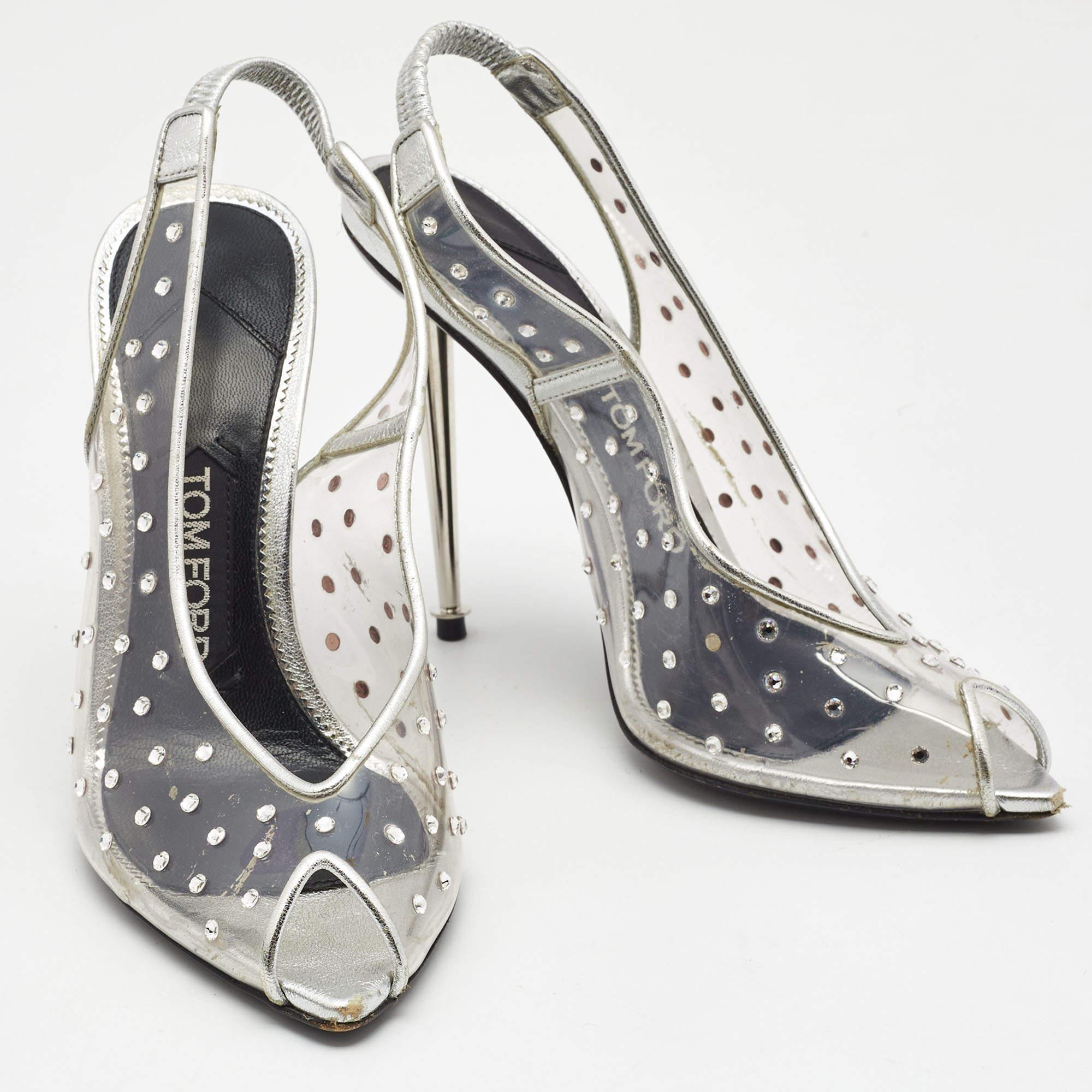 Tom Ford Silver/Transparent PVC and Leather Embellished Slingback Pumps Size 36 In Good Condition In Dubai, Al Qouz 2
