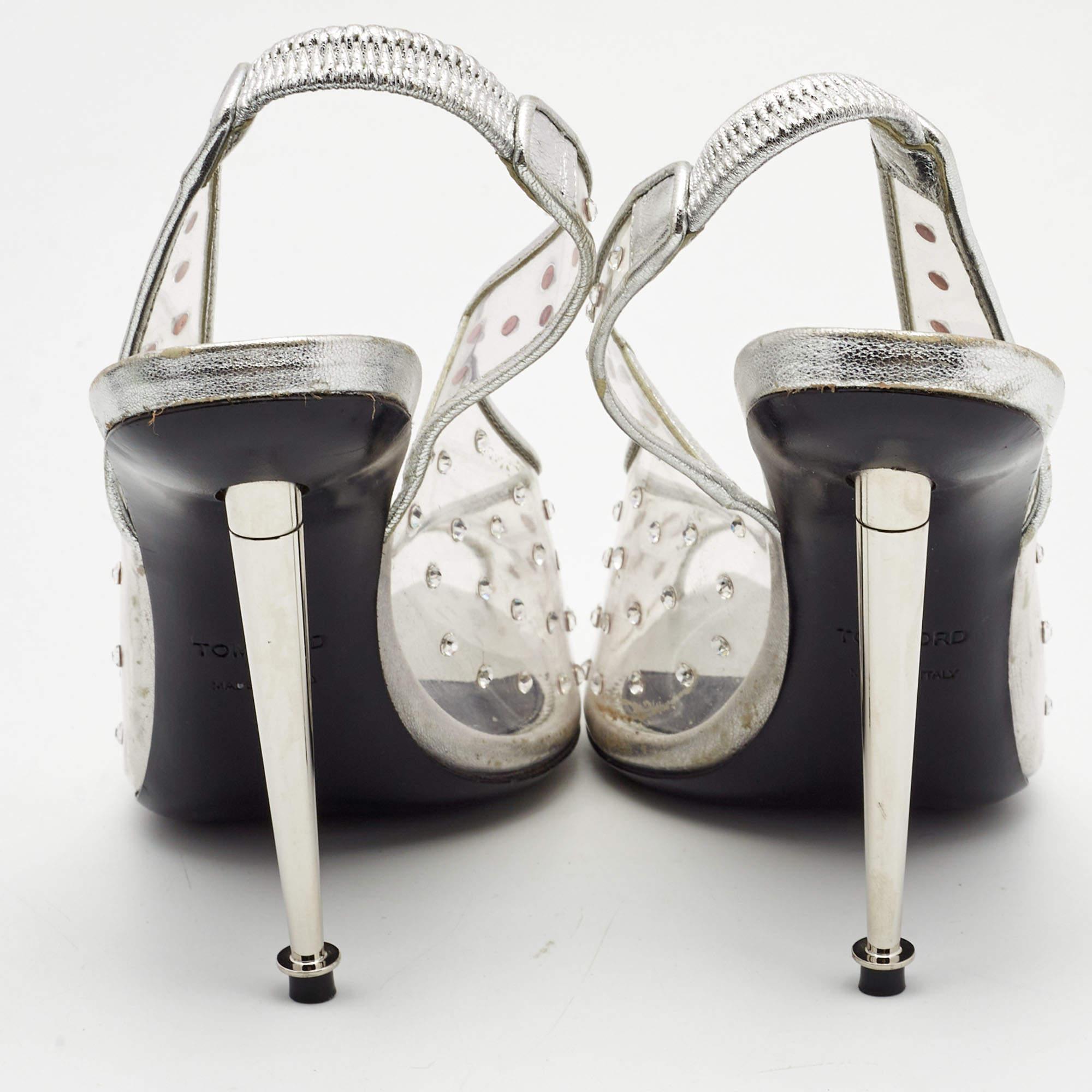 Women's Tom Ford Silver/Transparent PVC and Leather Embellished Slingback Pumps Size 36