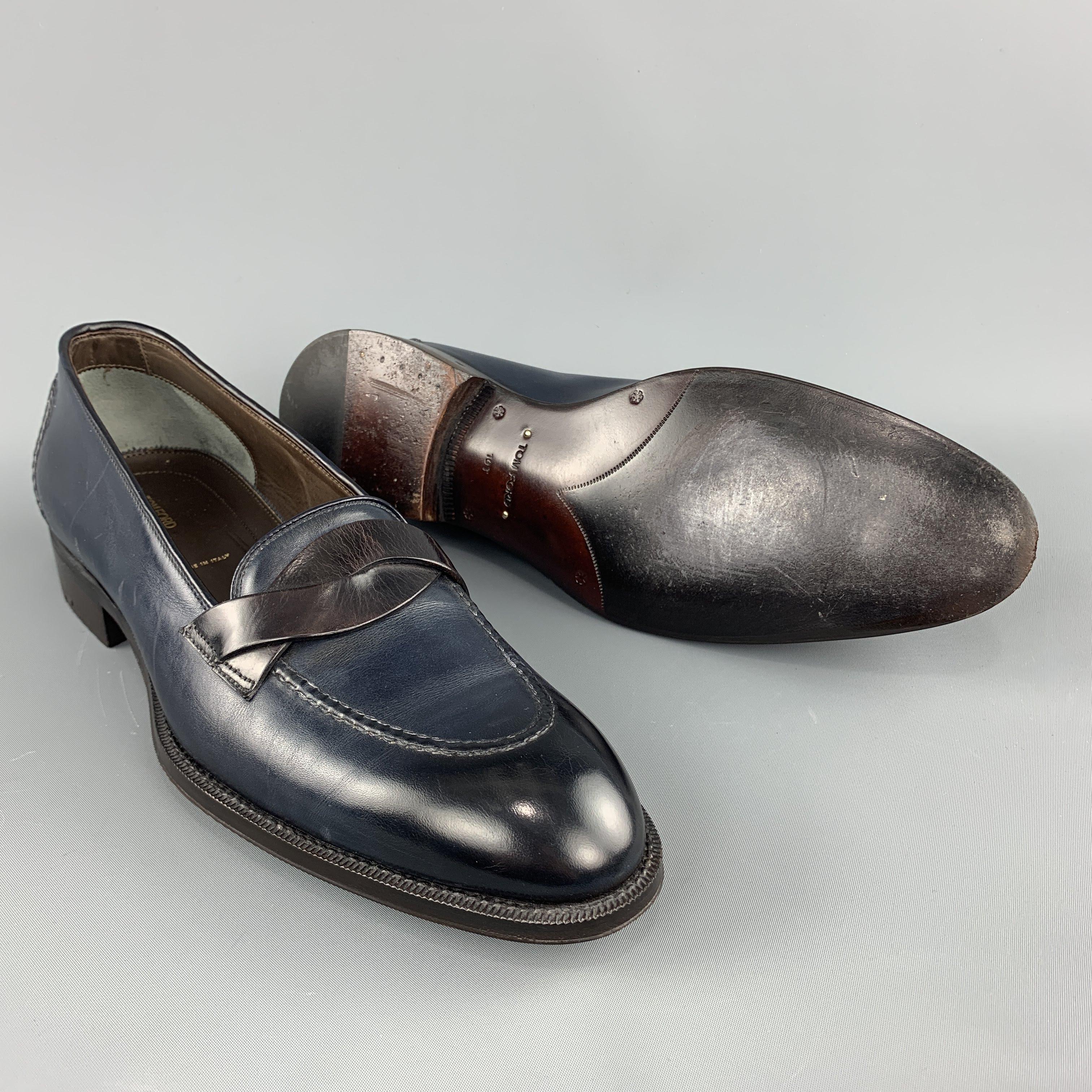 TOM FORD Size 10 Navy Antique Leather Elkan Twisted Band Slip Loafers In Good Condition In San Francisco, CA