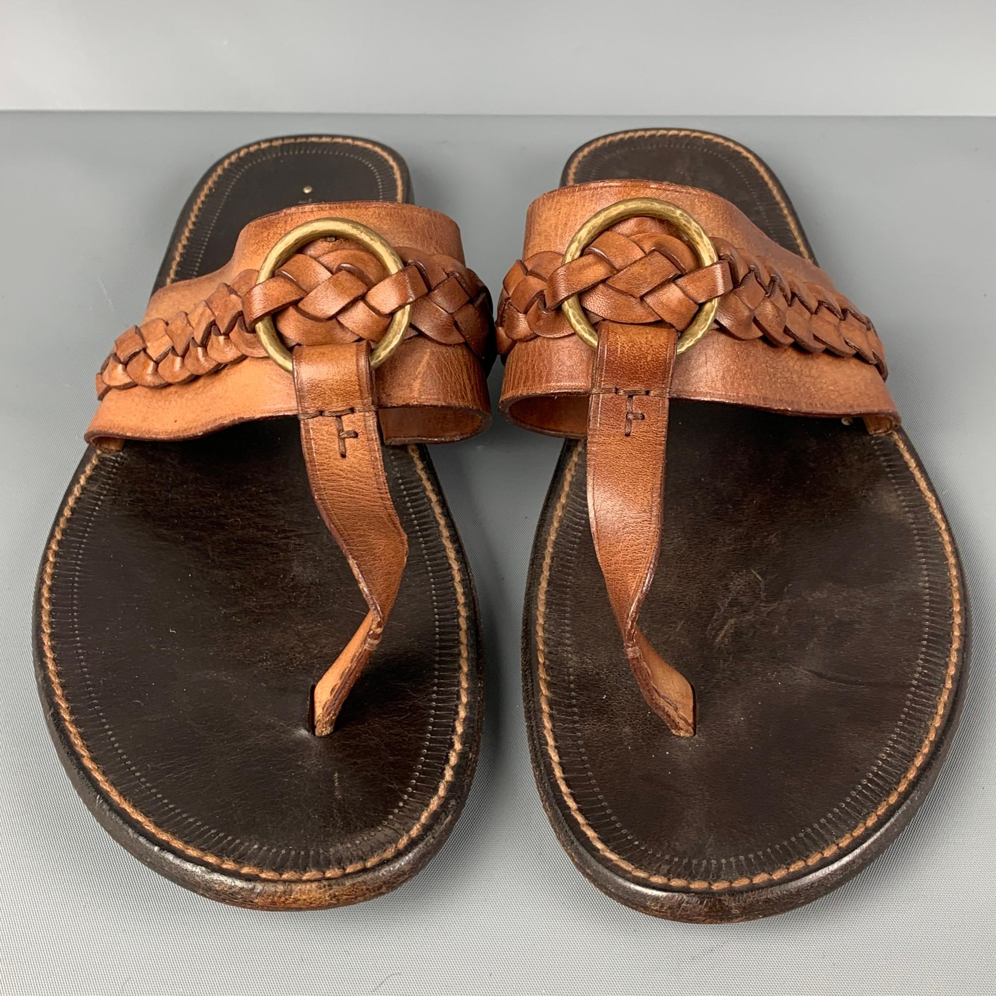 Black TOM FORD Size 10 Tan Braided Leather T-strap Sandals