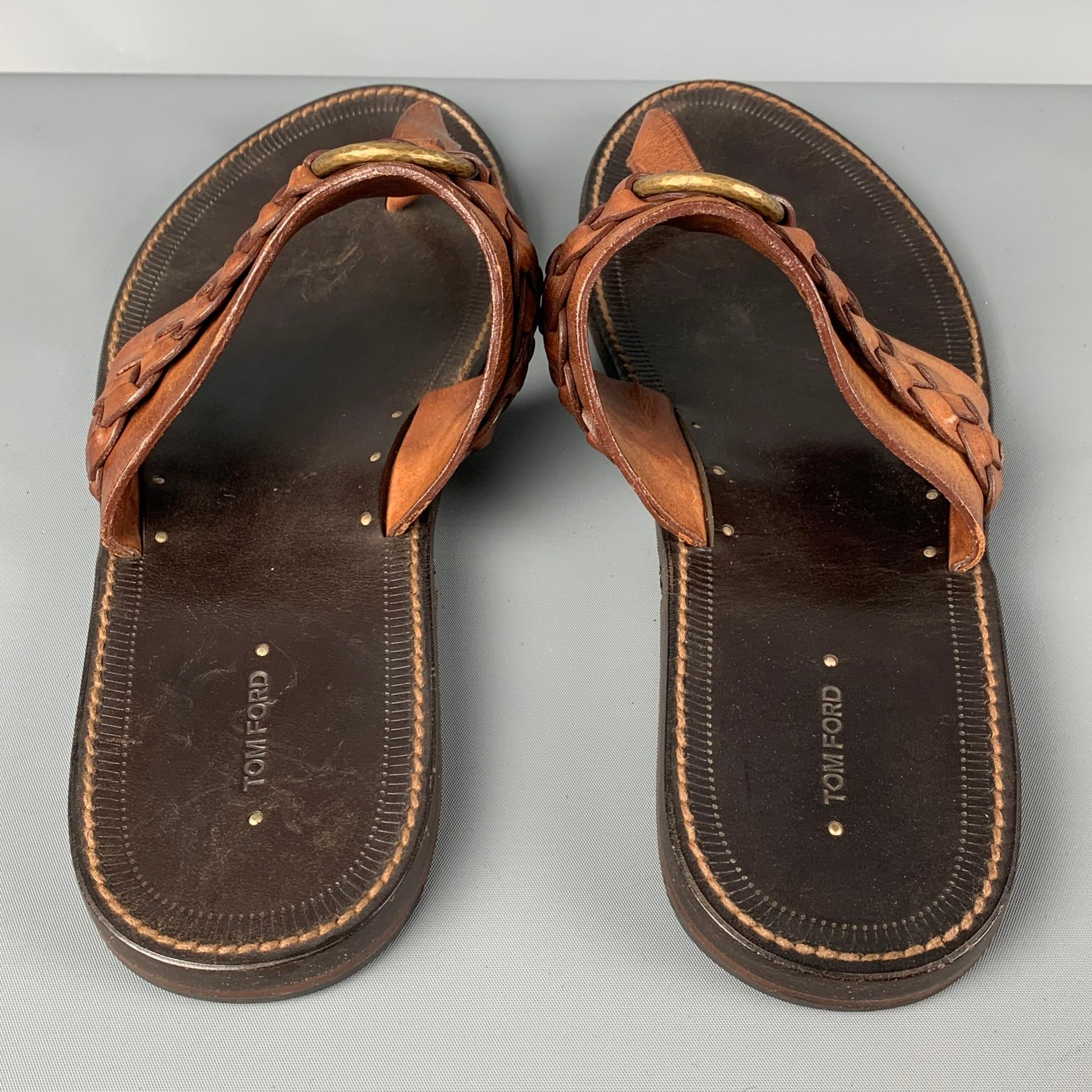 TOM FORD Size 10 Tan Braided Leather T-strap Sandals In Good Condition In San Francisco, CA