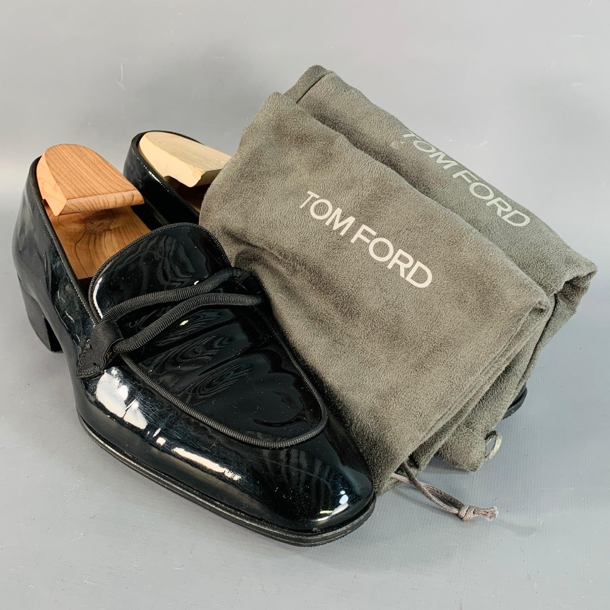 TOM FORD Talla 10.5 Nero Negro Charol Grosgrain Trim Slip On Mocasines en venta 5