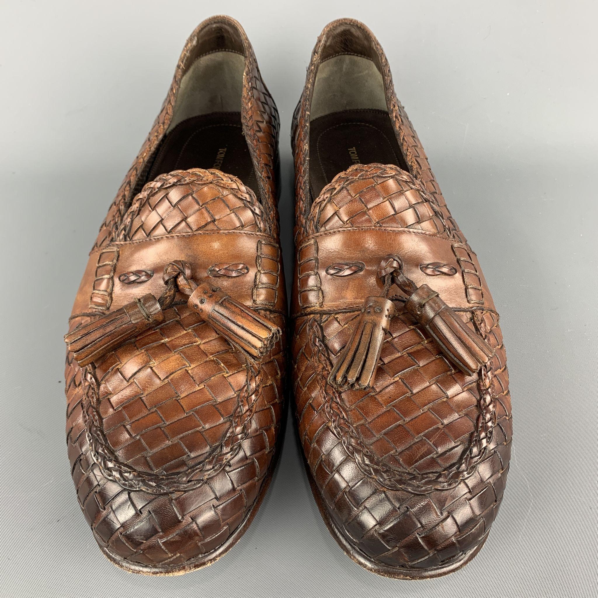 Brown TOM FORD Size 11 Tan Woven Leather Slip On Loafers