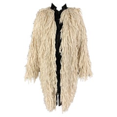 TOM FORD Size 2 White Black Silk Shaggy Leather Trim Zip Up Coat