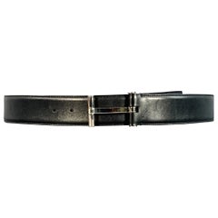 TOM FORD Size 38 Black Silver Monogram Leather T Belt