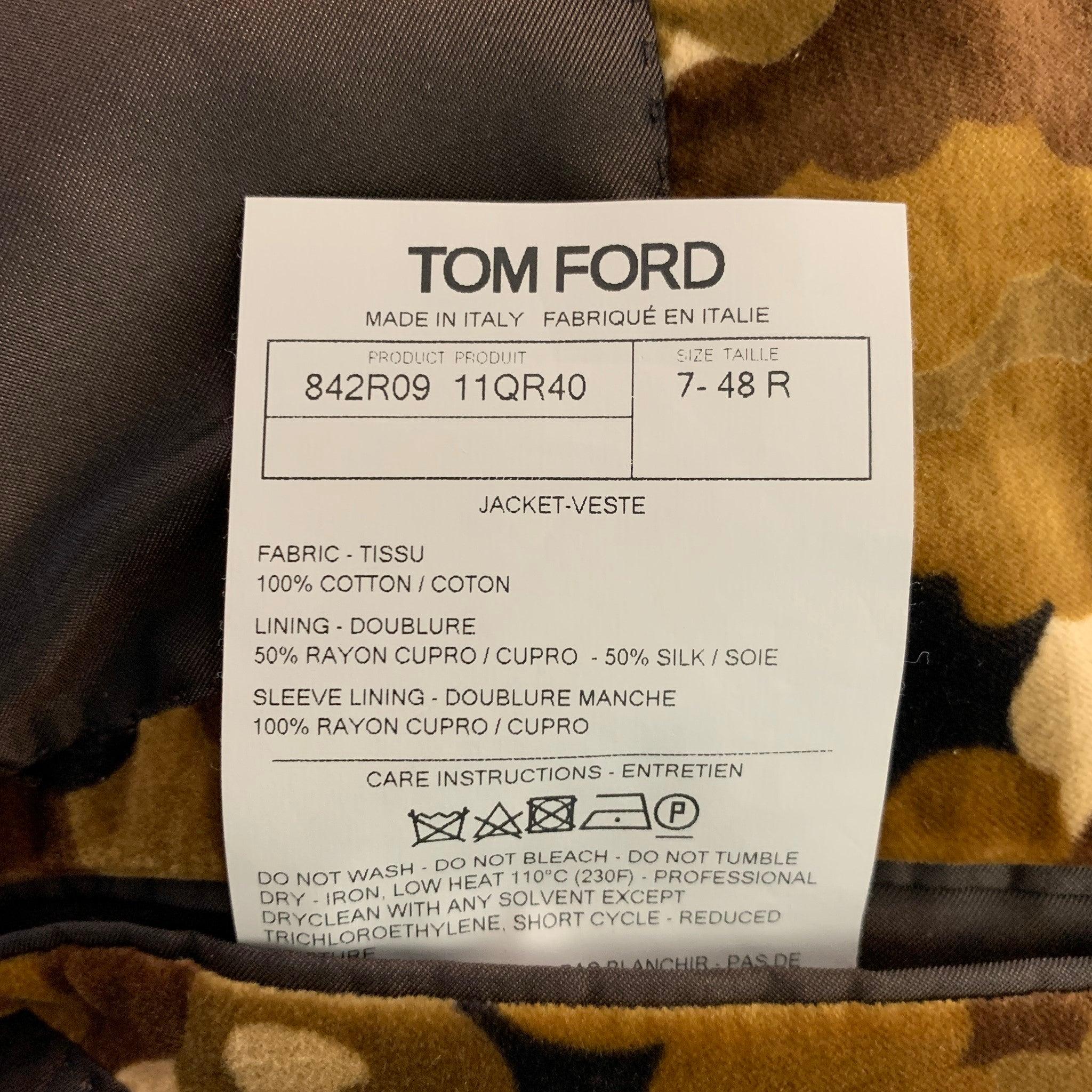 TOM FORD Size 38 Regular Brown Tan Camouflage Cotton Velvet Sport Coat For Sale 1