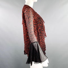 TOM FORD Size 4 Black Burgundy Silk Animal Print Ruffle Blouse