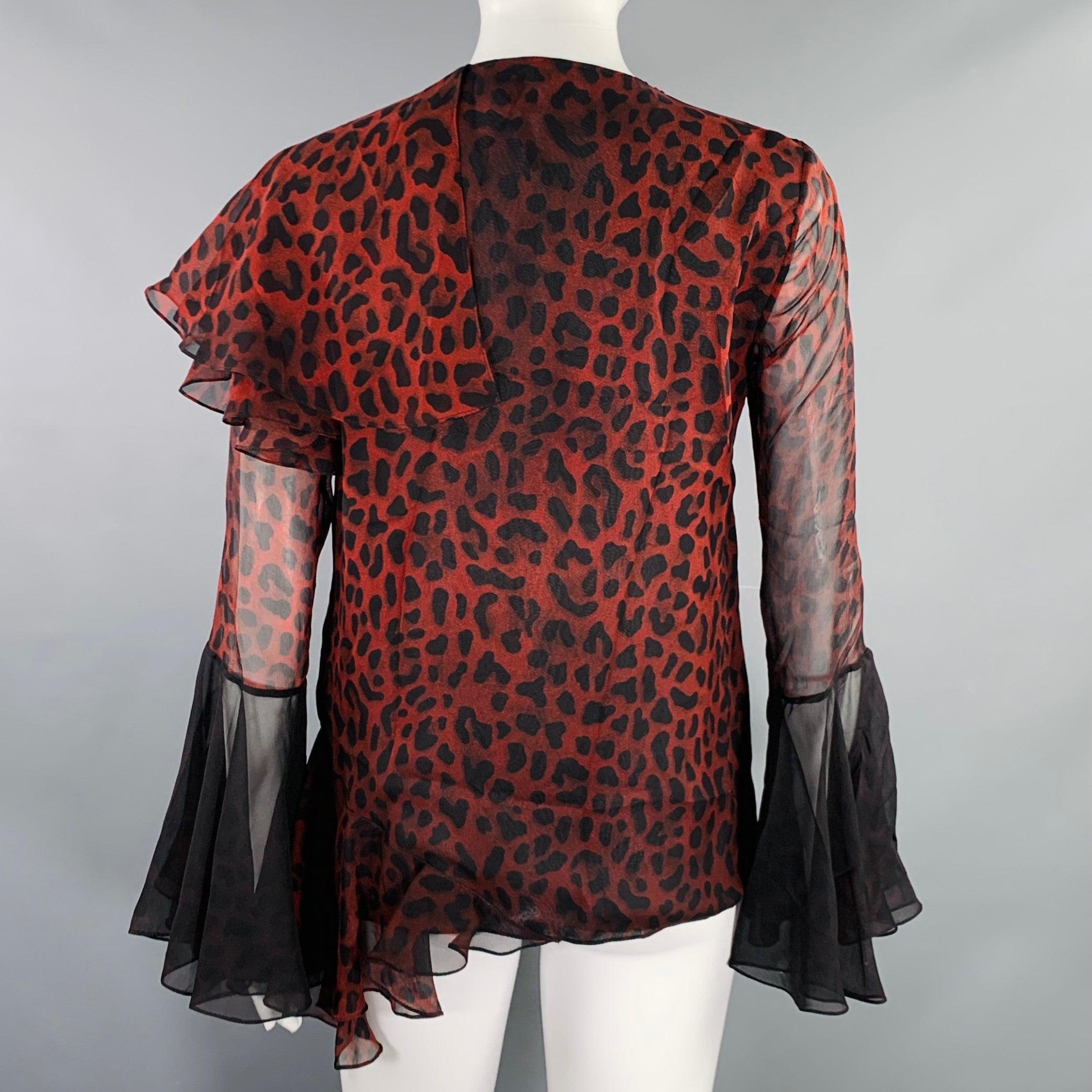 TOM FORD Size 4 Black Burgundy Silk Animal Print Ruffle Blouse In Excellent Condition In San Francisco, CA