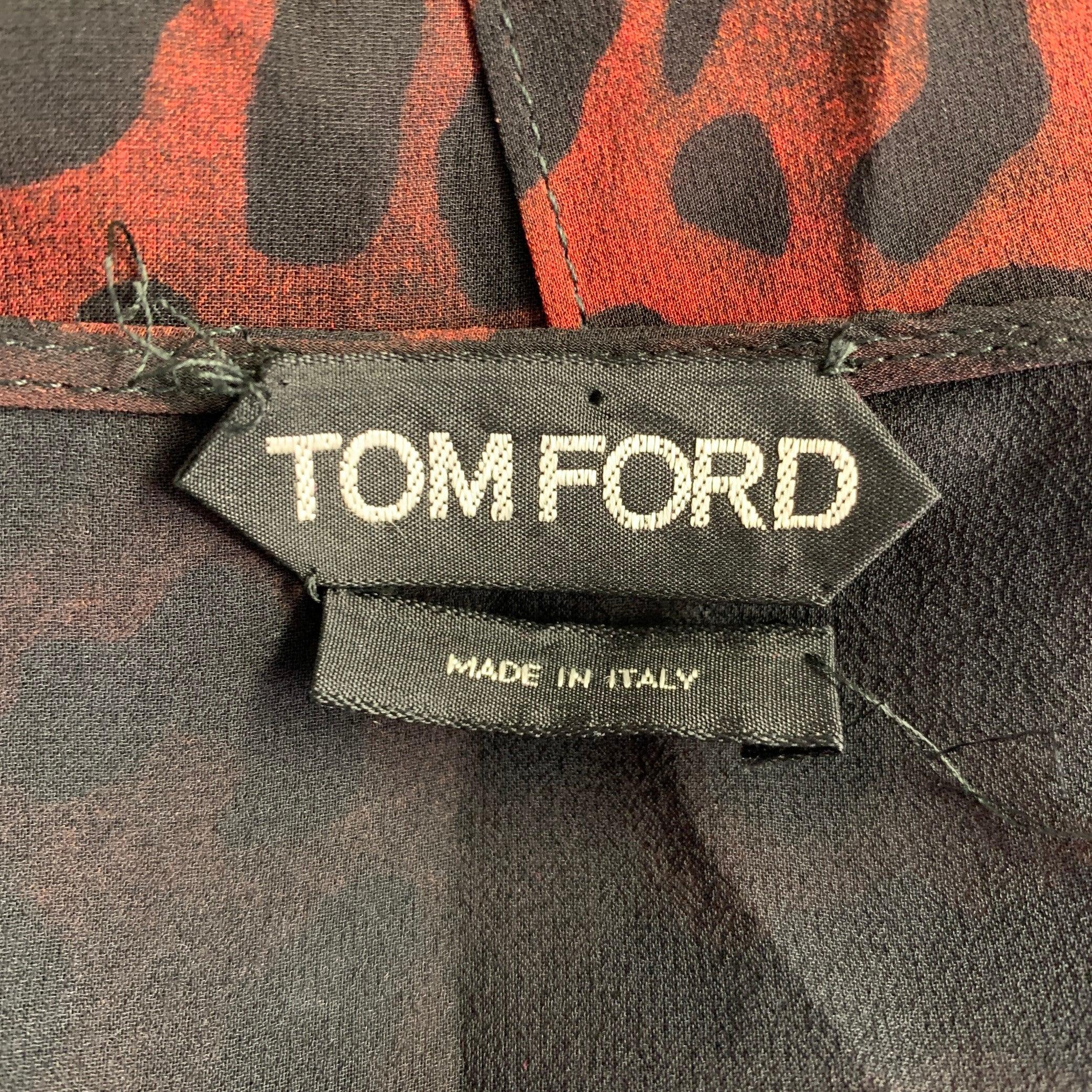 Women's TOM FORD Size 4 Black Burgundy Silk Animal Print Ruffle Blouse