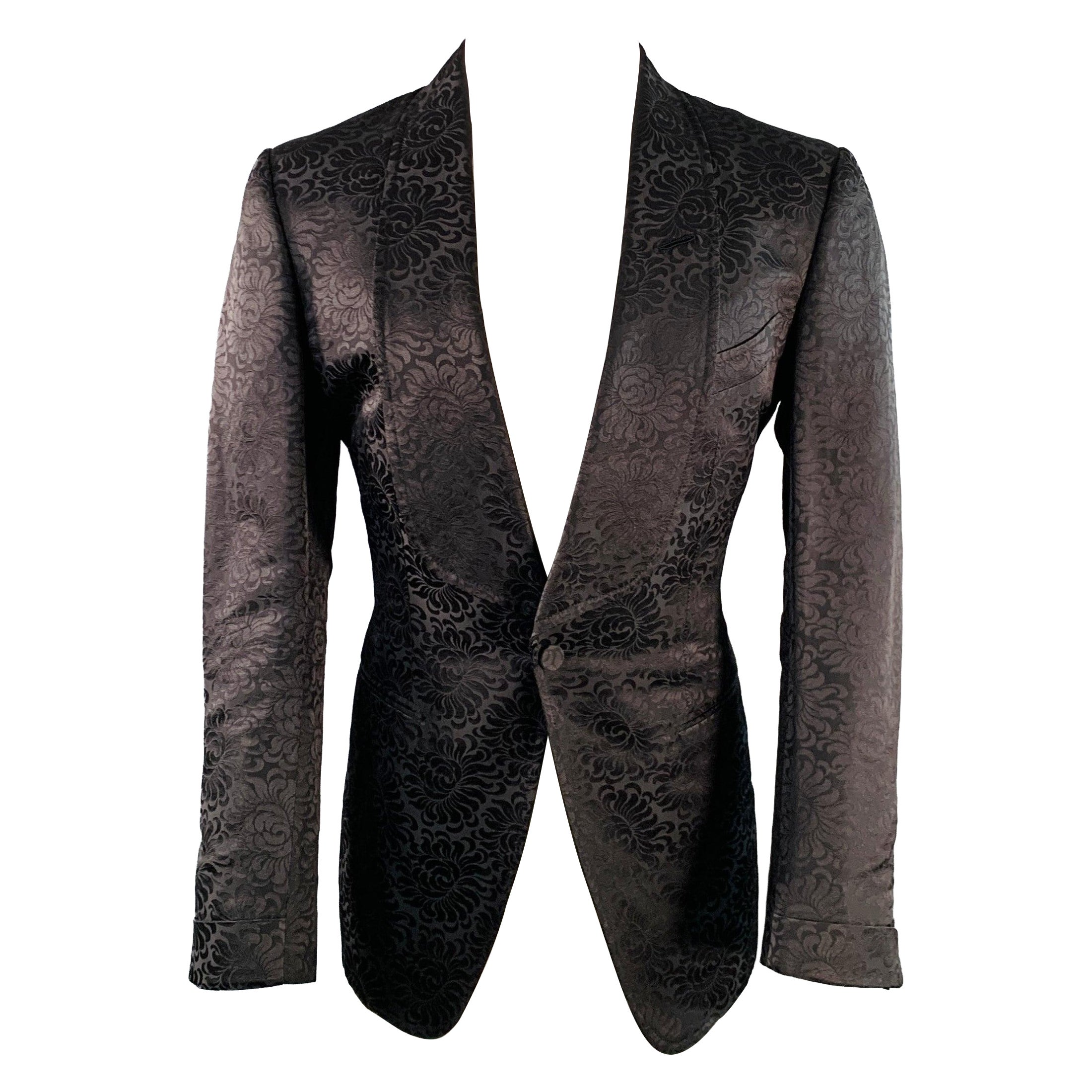 TOM FORD Size 40 Regular Black Jacquard Silk Cotton Linen Shawl Collar Tuxedo