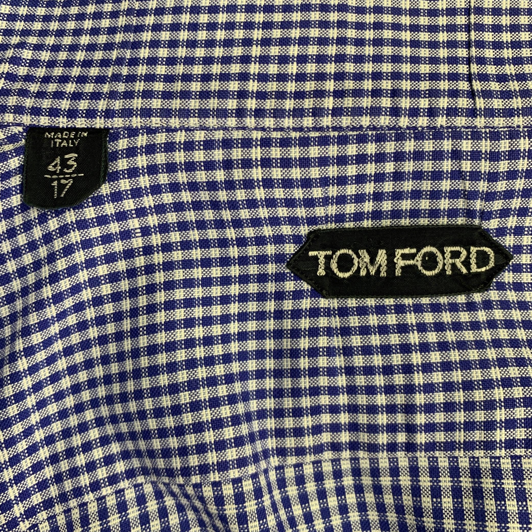 Men's TOM FORD Size L Blue White Plaid Cotton Button Up Long Sleeve Shirt For Sale