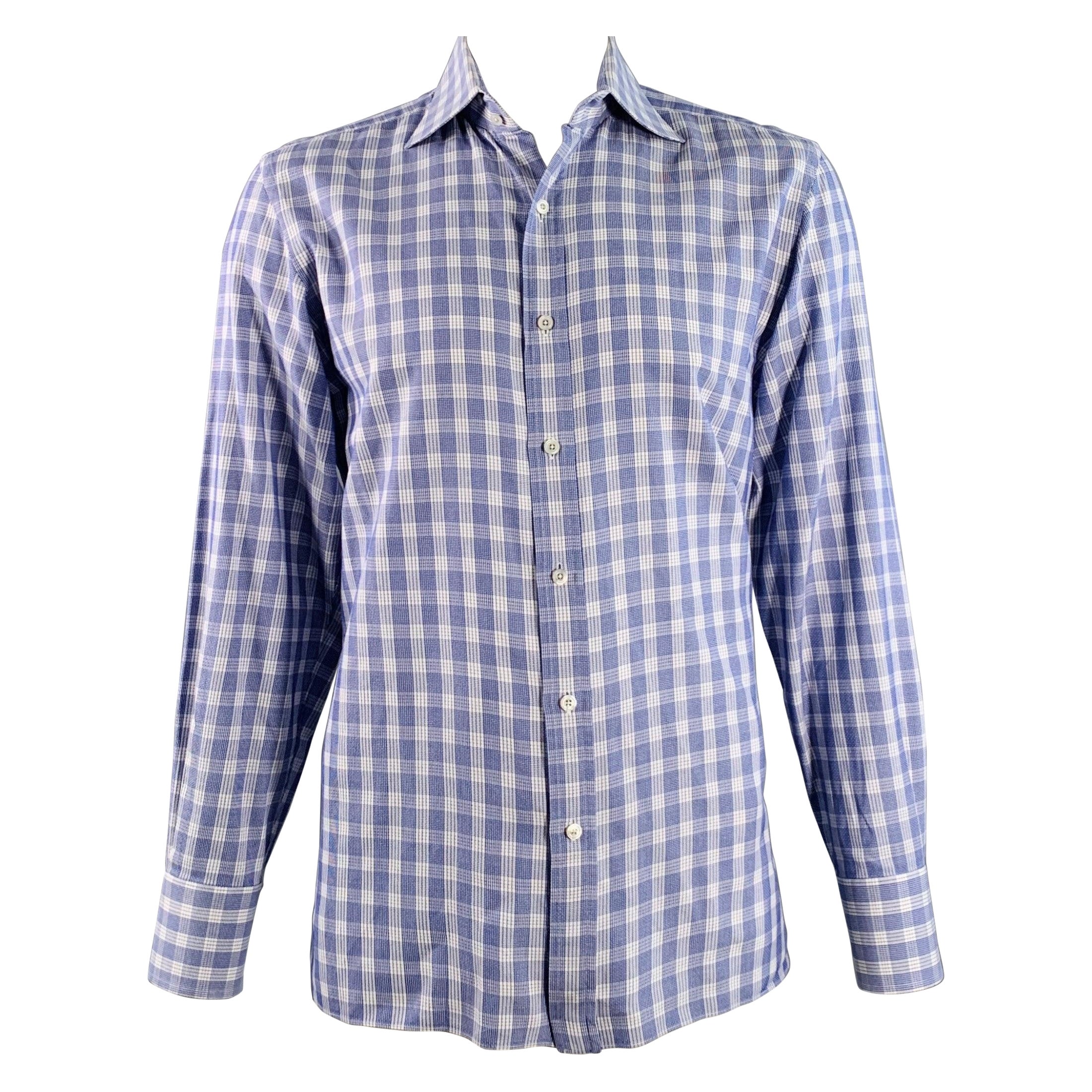 TOM FORD Size L Blue White Plaid Cotton Curved Cutaway Long Sleeve Shirt