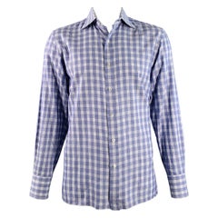 TOM FORD Size L Blue White Plaid Cotton Curved Cutaway Long Sleeve Shirt