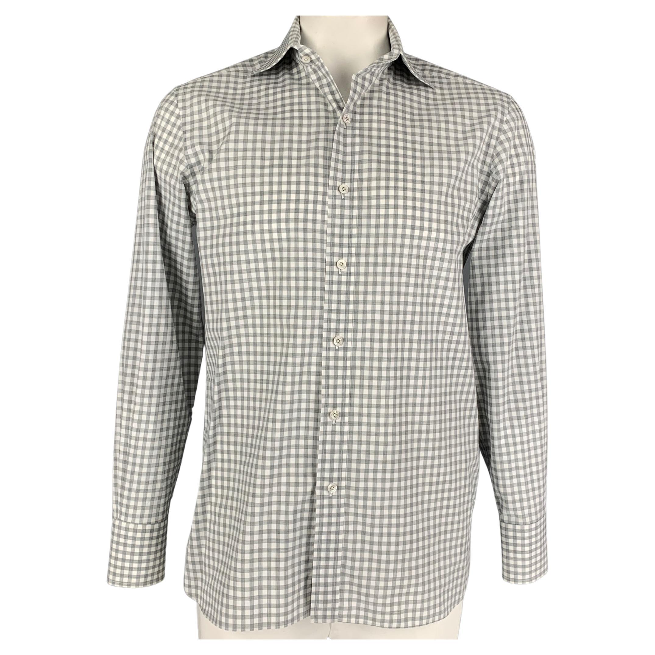 TOM FORD Size L Light Gray White Gingham Cotton Long Sleeve Shirt