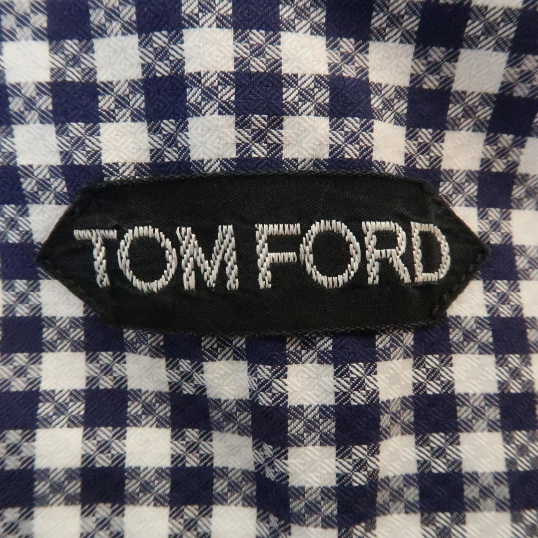 Men's  TOM FORD Size L Navy & White Plaid Cotton Button Up Long Sleeve Shirt