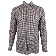 TOM FORD Size L Navy 
White Plaid Cotton Button Up Long Sleeve Shirt