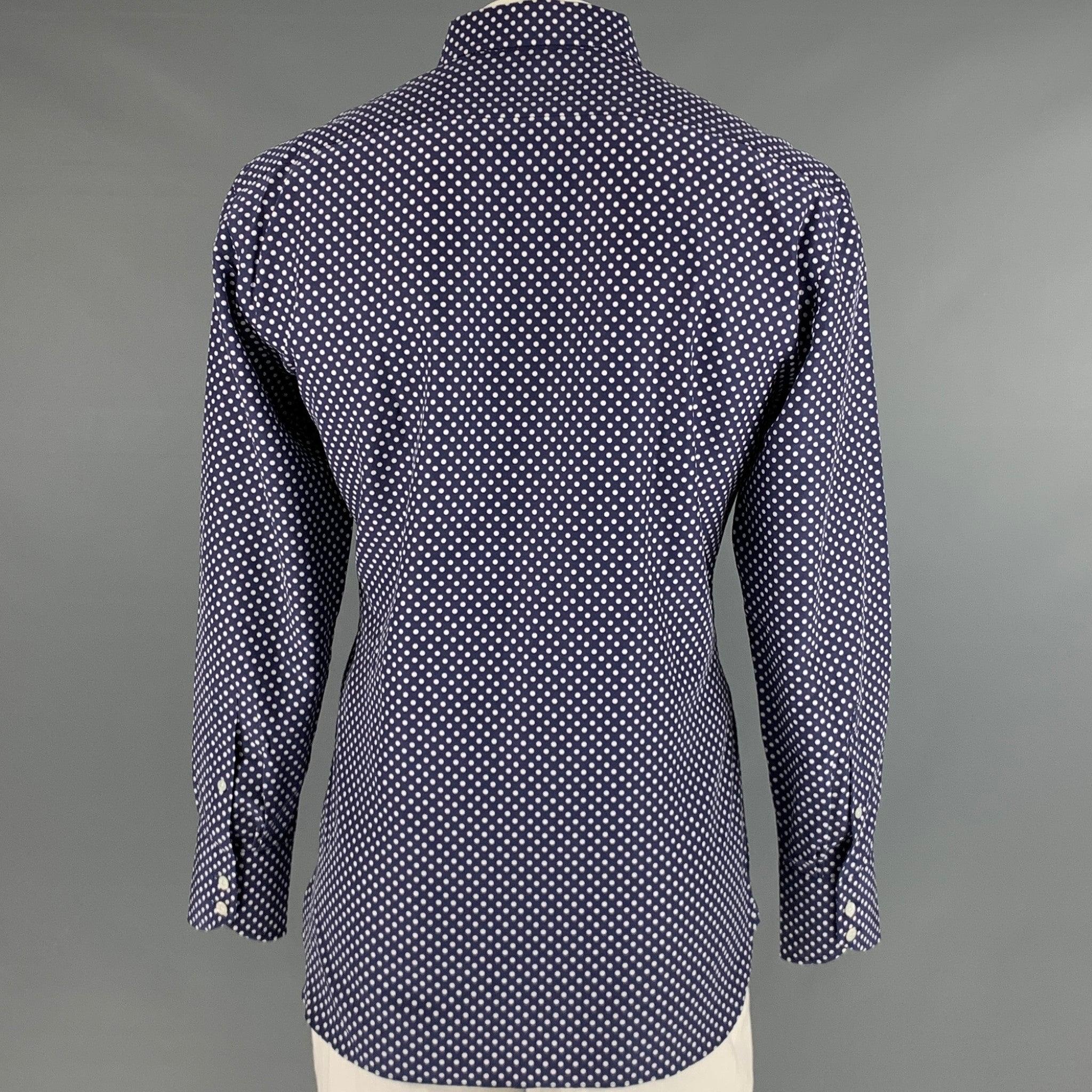 Men's TOM FORD Size L Navy White Polka Dot Cotton Silk Button Up Long Sleeve Shirt For Sale