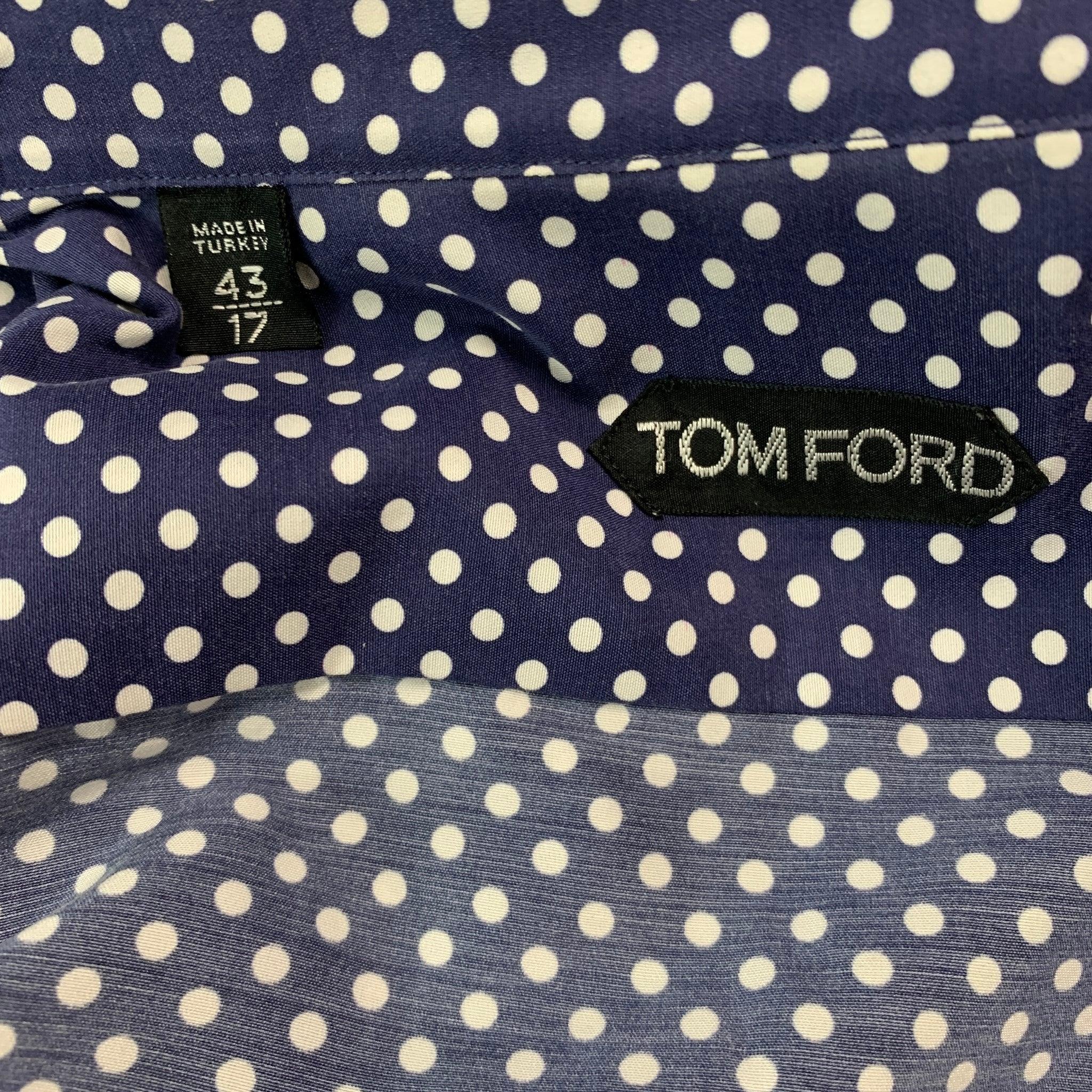 TOM FORD Size L Navy White Polka Dot Cotton Silk Button Up Long Sleeve Shirt For Sale 1