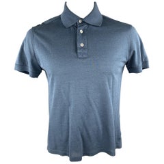 TOM FORD Size L Steel Blue Pique Buttoned Collar Polo