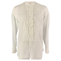 TOM FORD Size L White Ruffled Cotton Nehru Collar Long Sleeve Shirt