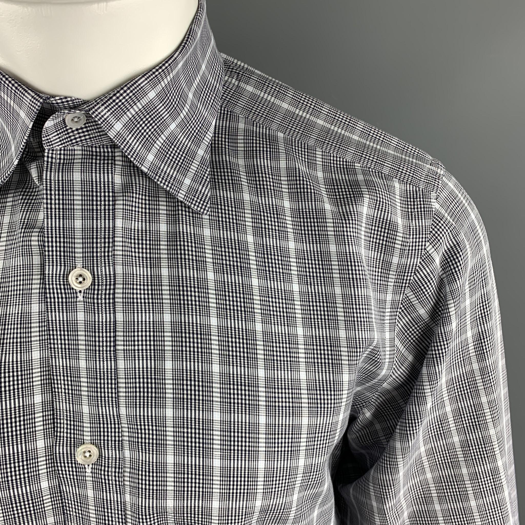 Gray TOM FORD Size M Blue & Grey Plaid Cotton Pointed Collar Button Up Shirt