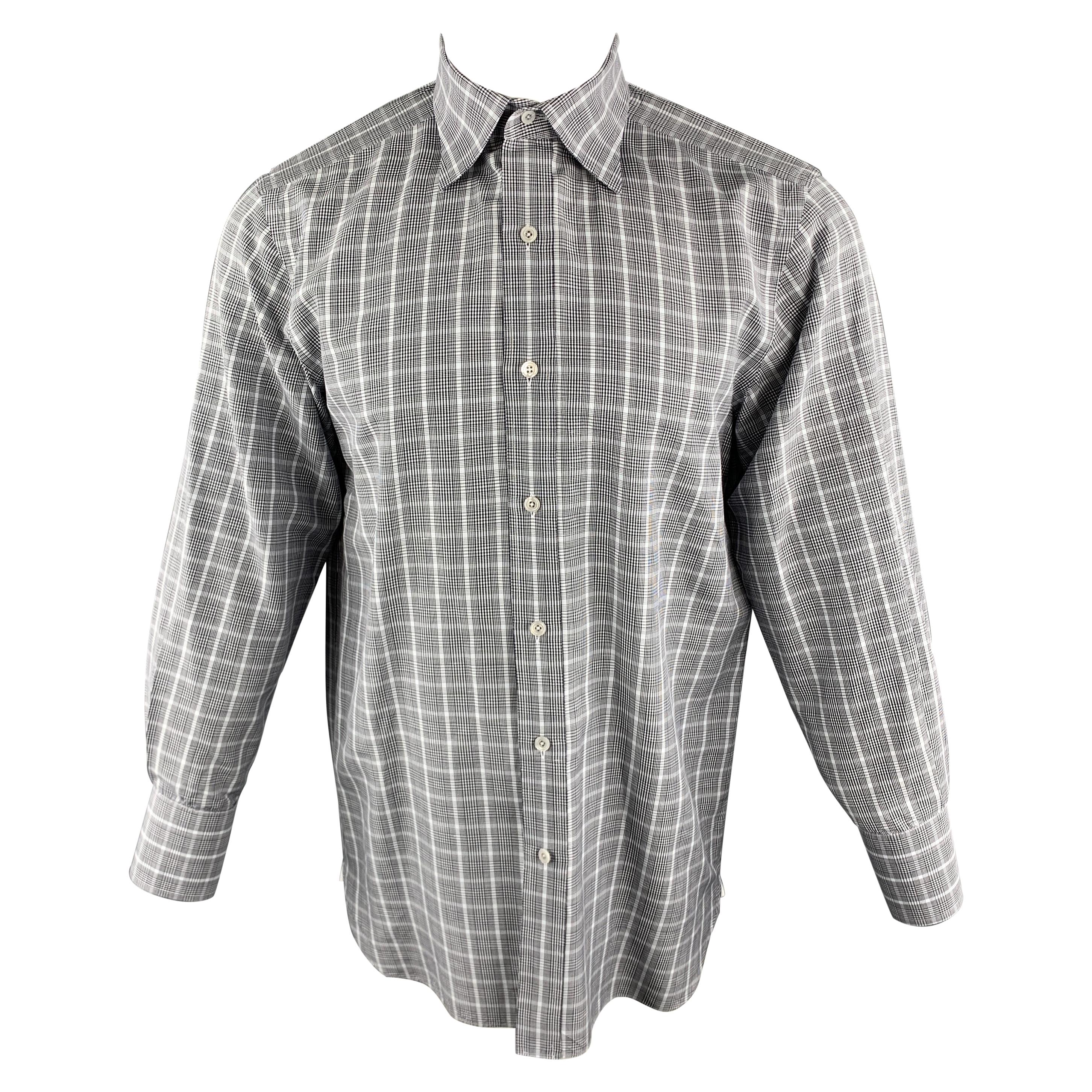 TOM FORD Size M Blue & Grey Plaid Cotton Pointed Collar Button Up Shirt