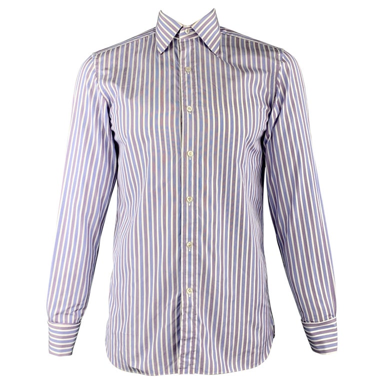TOM FORD Size M Blue and White Vertical Stripe Cotton Long Sleeve Shirt ...
