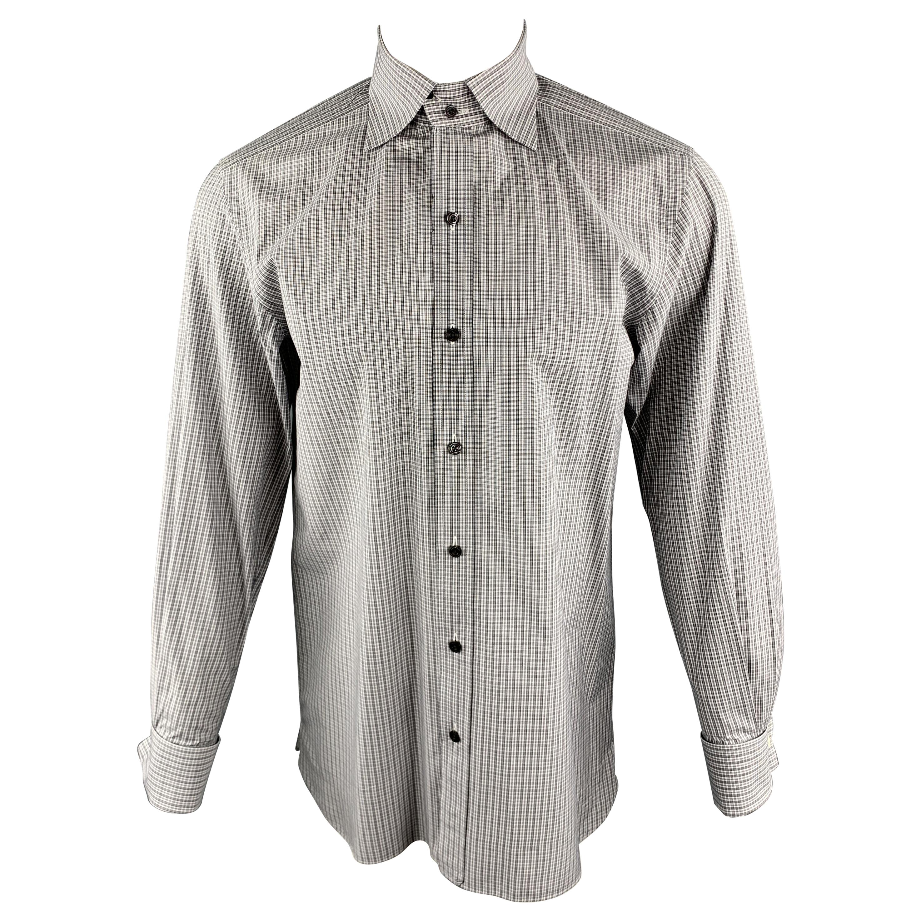 TOM FORD Size M Grey Plaid Cotton Spread Collar French Cuff Long Sleeve Shirt