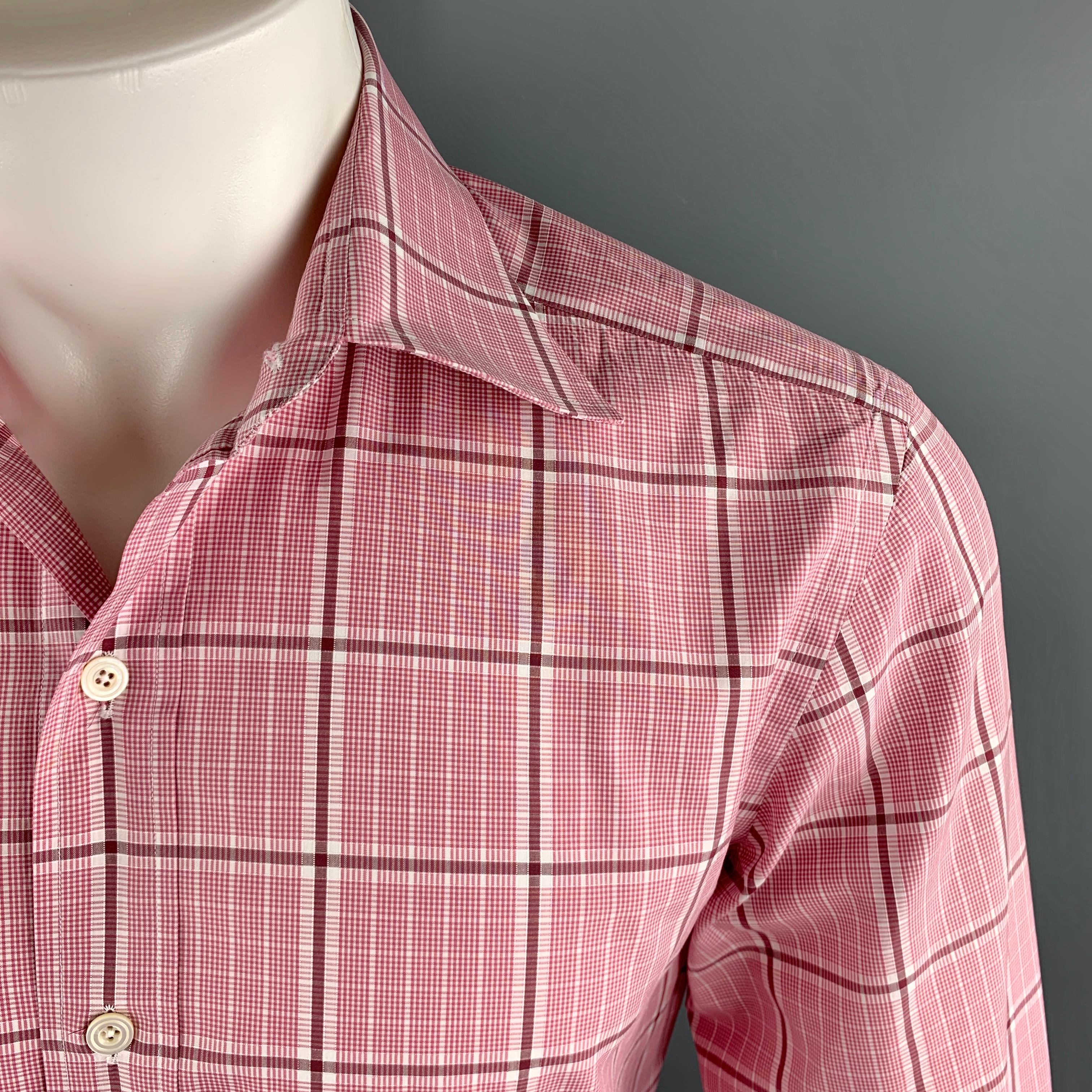 Brown TOM FORD Size M Pink Plaid Cotton Spread Collar Button Up Long Sleeve Shirt