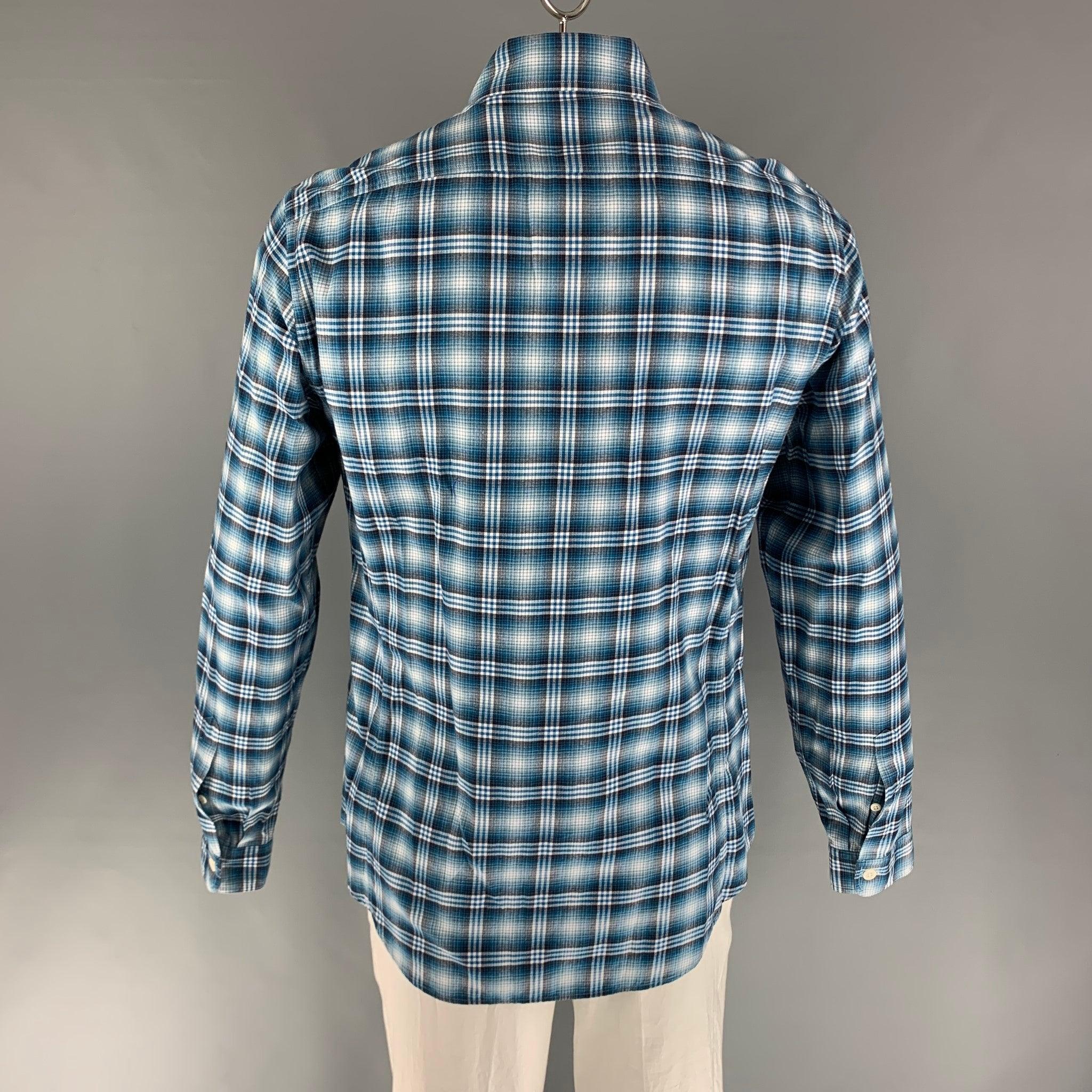 Men's TOM FORD Size XL Blue White Plaid Cotton Flanel Long Sleeve Shirt