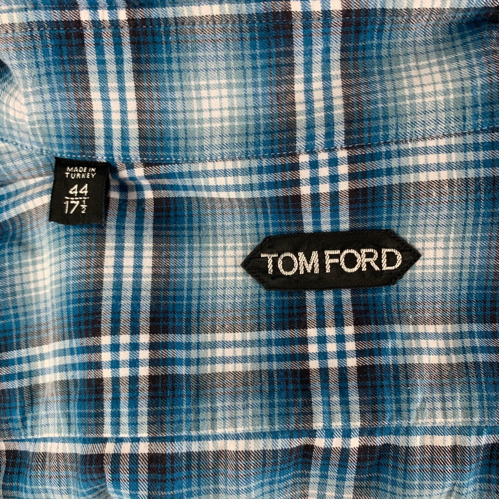 TOM FORD Size XL Blue White Plaid Cotton Flanel Long Sleeve Shirt 1