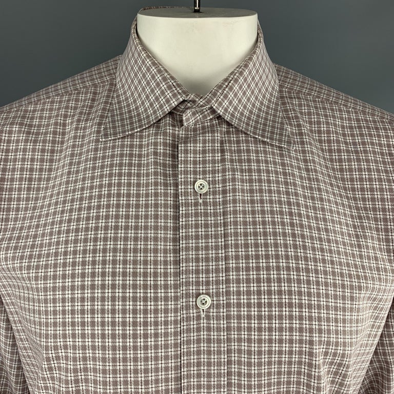 TOM FORD Size XL Brown and White Micro Plaid Cotton Button Up Long ...