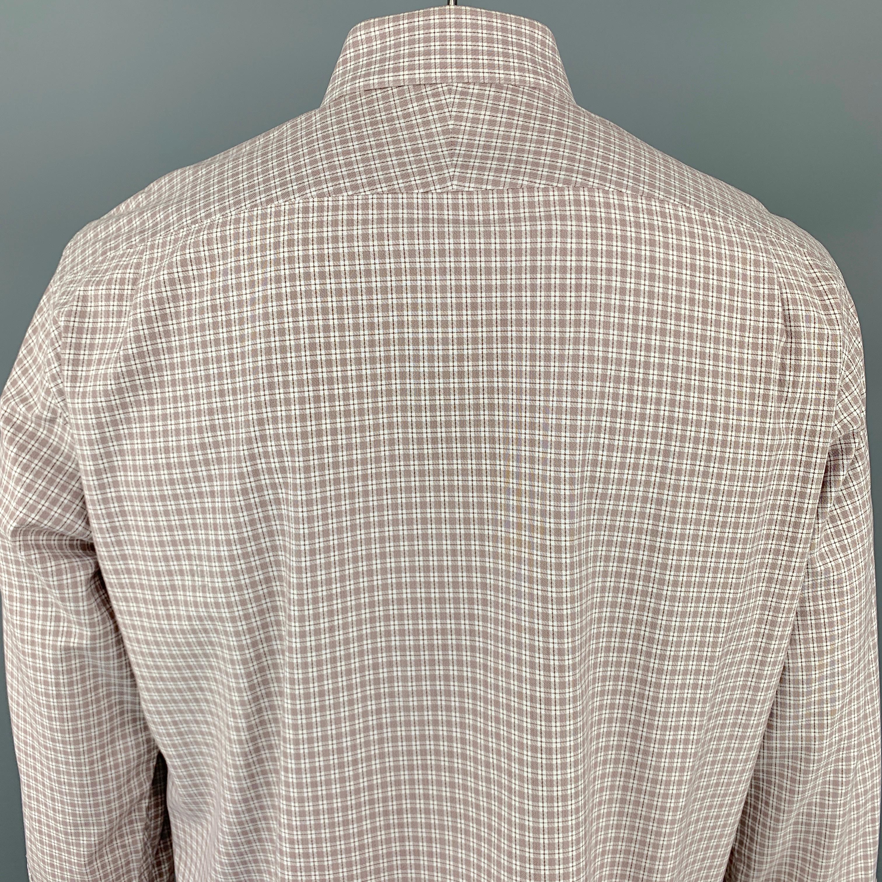 Men's TOM FORD Size XL Brown & White Micro Plaid Cotton Button Up Long Sleeve Shirt