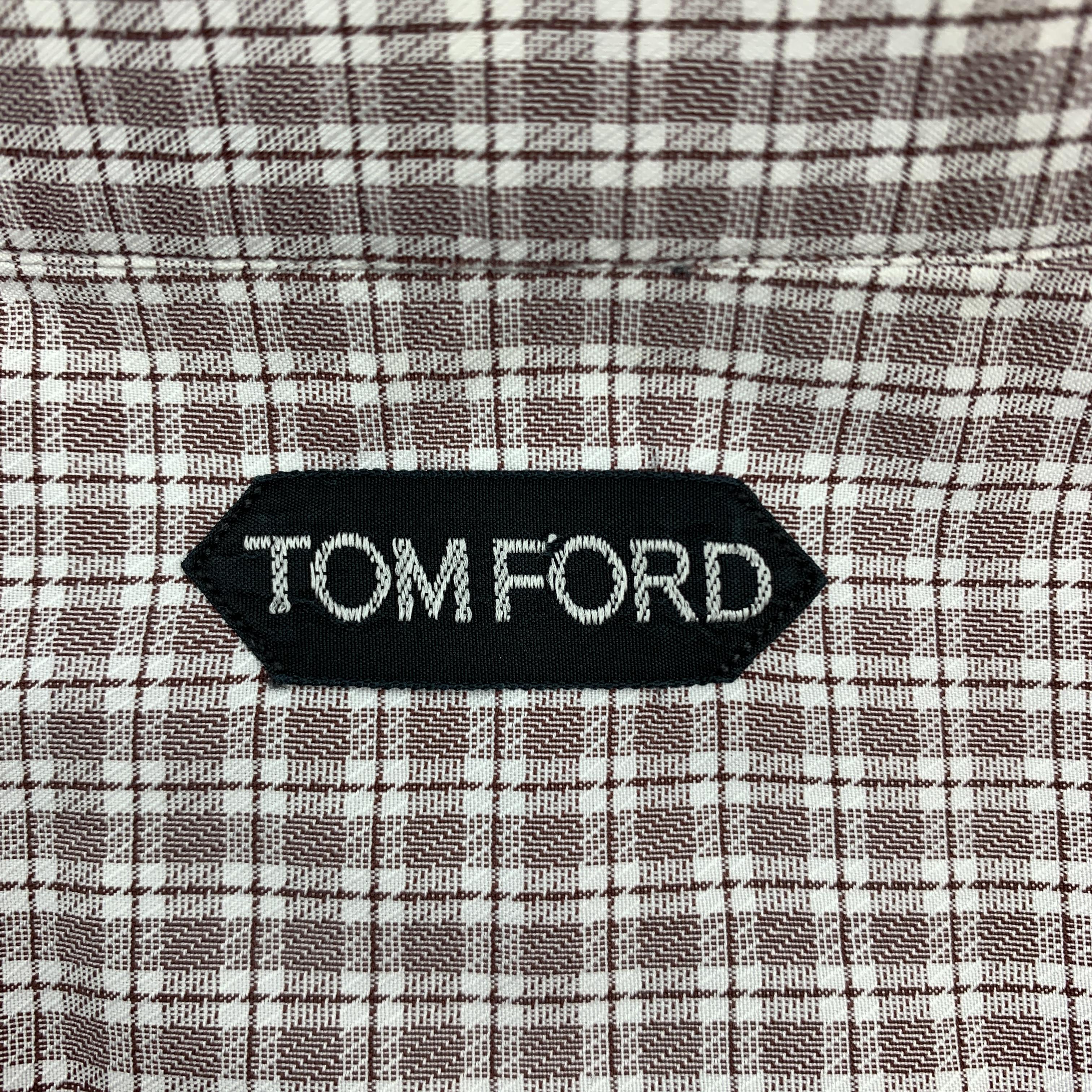 TOM FORD Size XL Brown & White Micro Plaid Cotton Button Up Long Sleeve Shirt 1