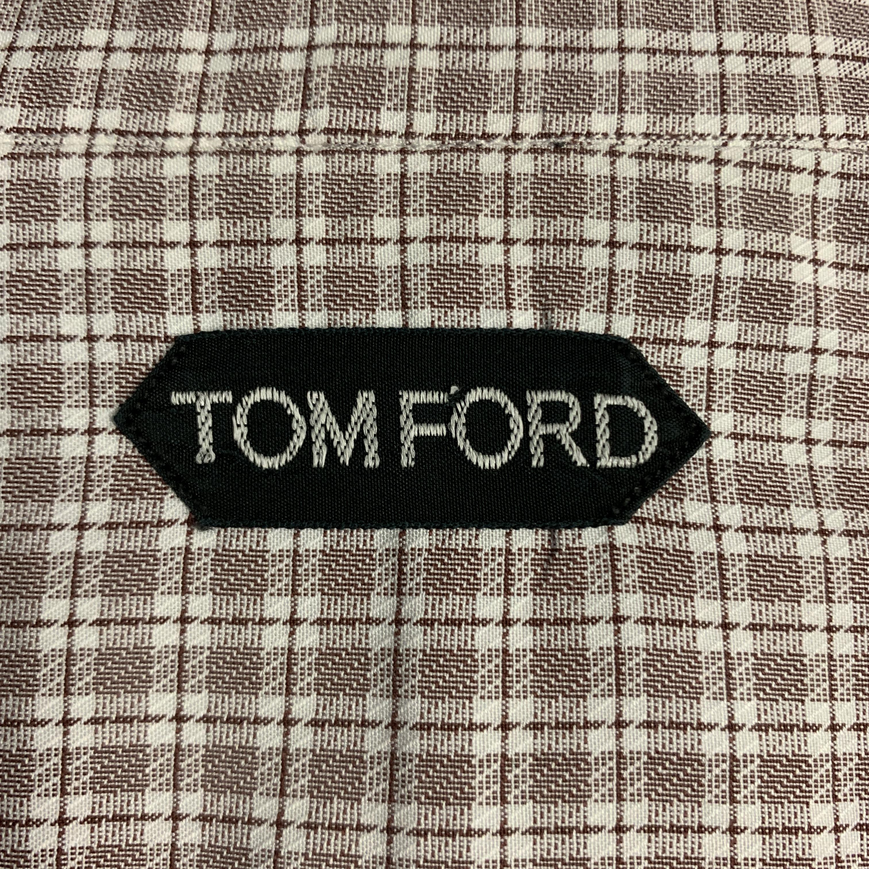 TOM FORD Size XL Brown & White Micro Plaid Cotton Button Up Long Sleeve Shirt 3