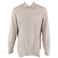 TOM FORD Size XL Brown & White Micro Plaid Cotton Button Up Long Sleeve Shirt
