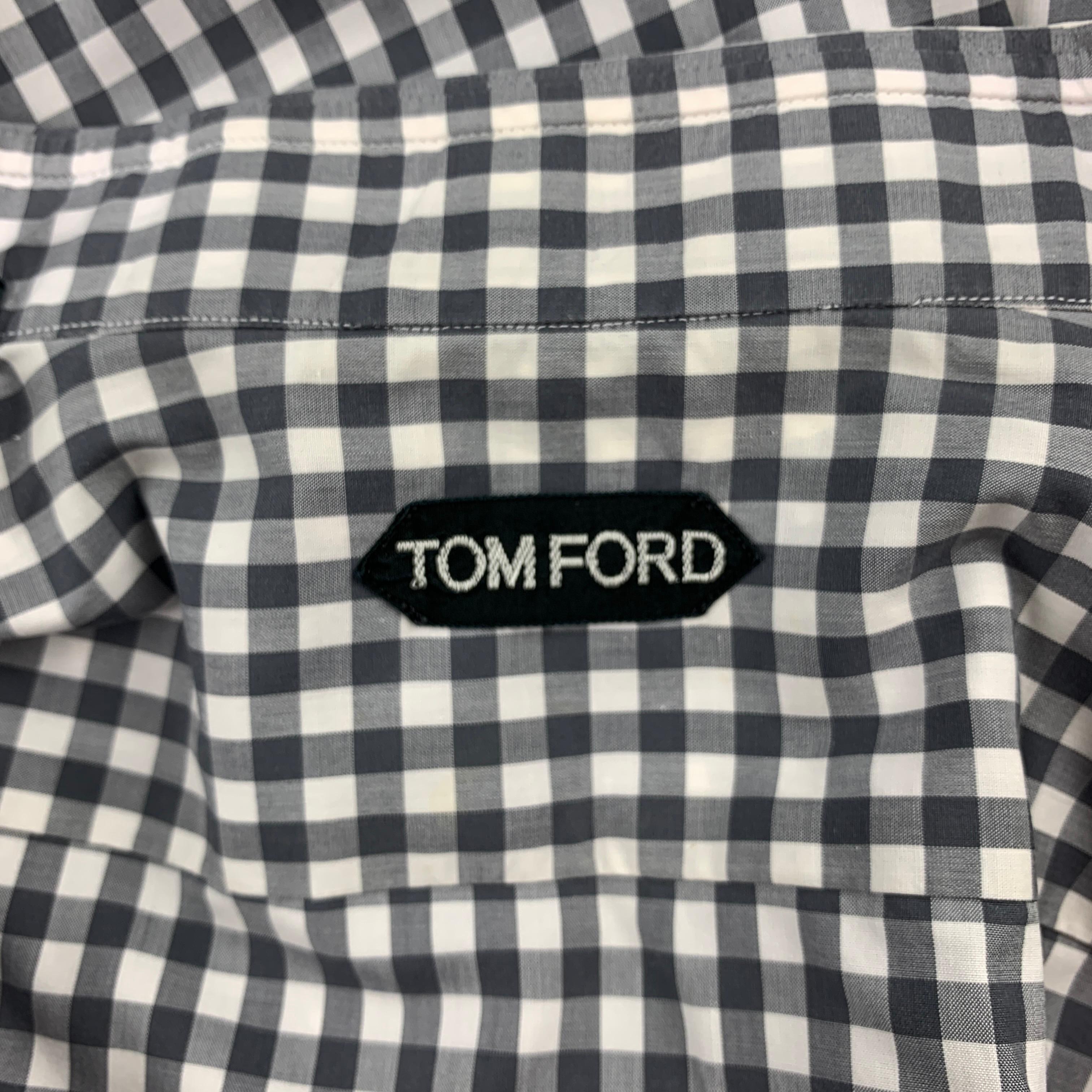Men's TOM FORD Size XL Grey & White Checkered Cotton Button Up Long Sleeve Shirt