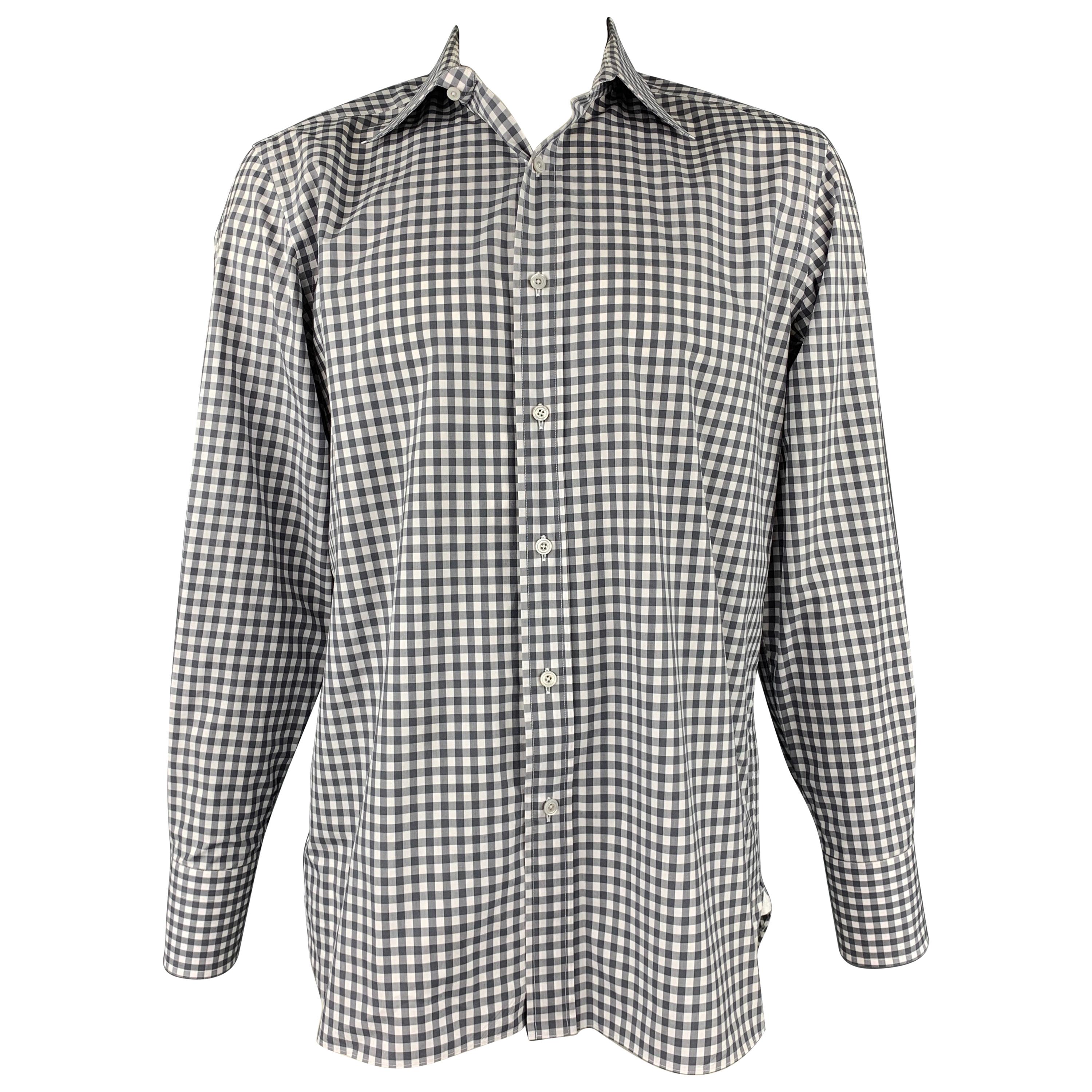 TOM FORD Size XL Grey & White Checkered Cotton Button Up Long Sleeve Shirt
