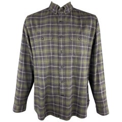 TOM FORD Size XL Navy & Green Cotton Button Down Flannel Shirt