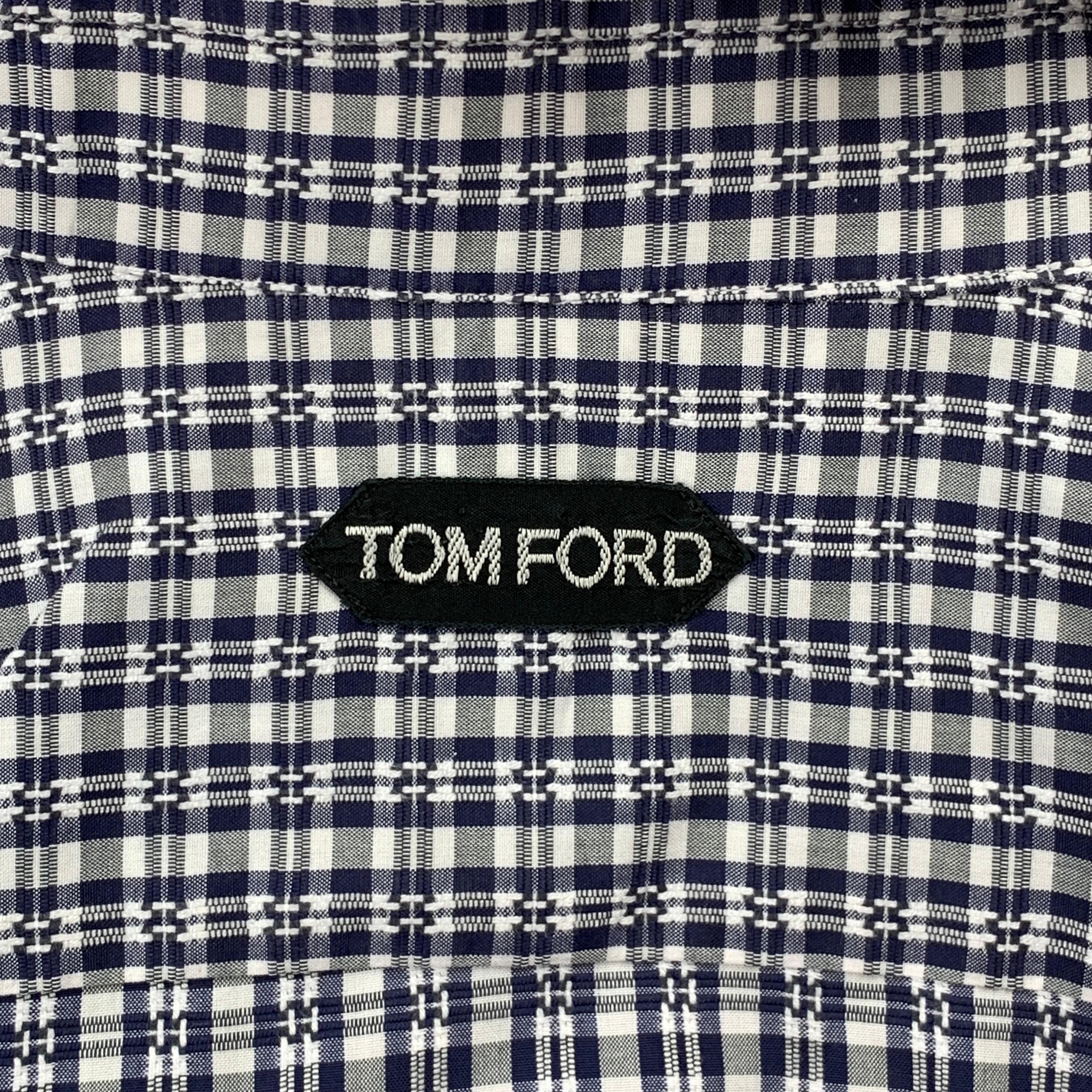 TOM FORD Size XL Navy & White Plaid Cotton Button Up Long Sleeve Shirt 1