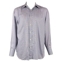 TOM FORD Size XL Navy 
White Plaid Cotton Button Up Long Sleeve Shirt