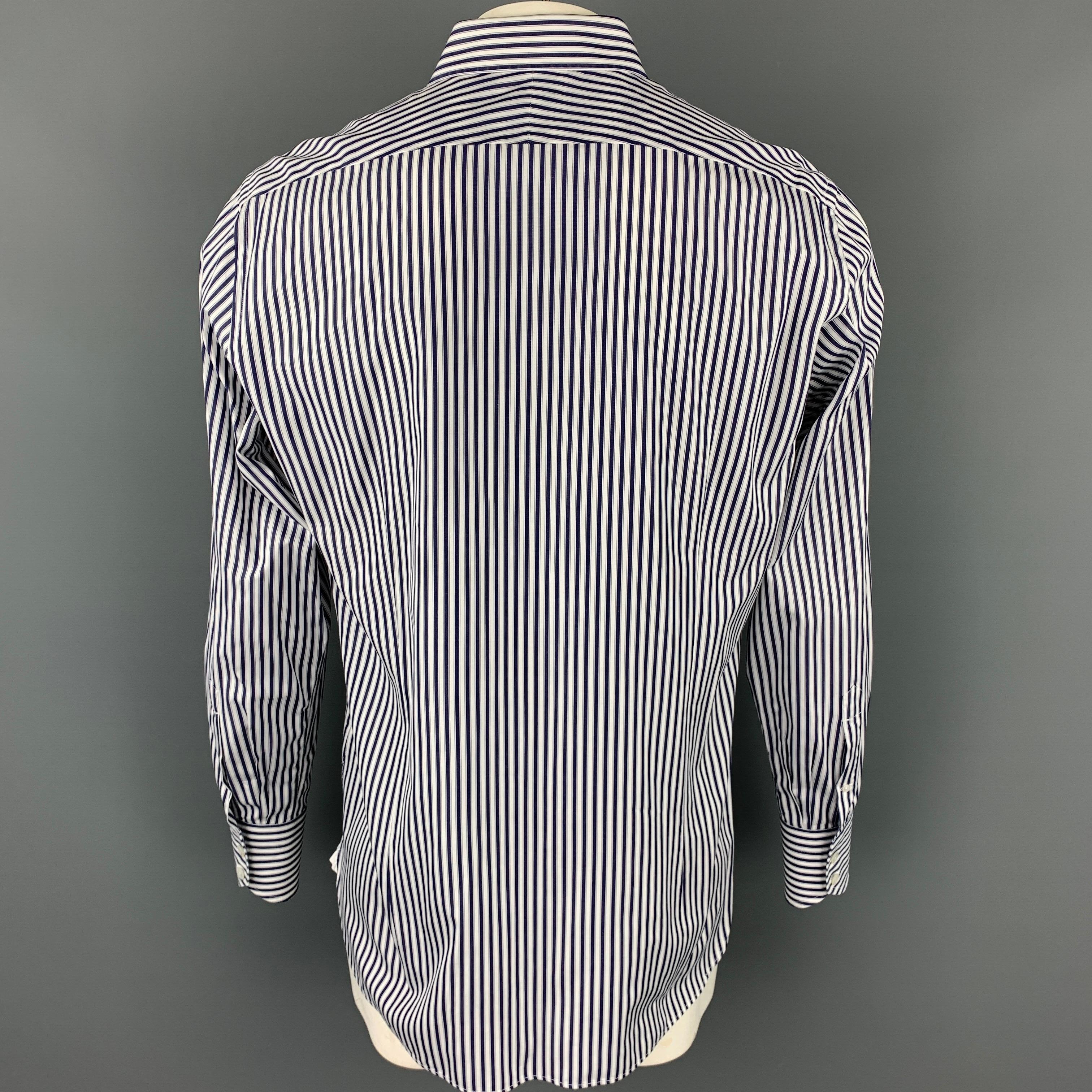 Gray TOM FORD Size XL Navy & White Vertical Stripe Cotton Button Up Long Sleeve Shirt